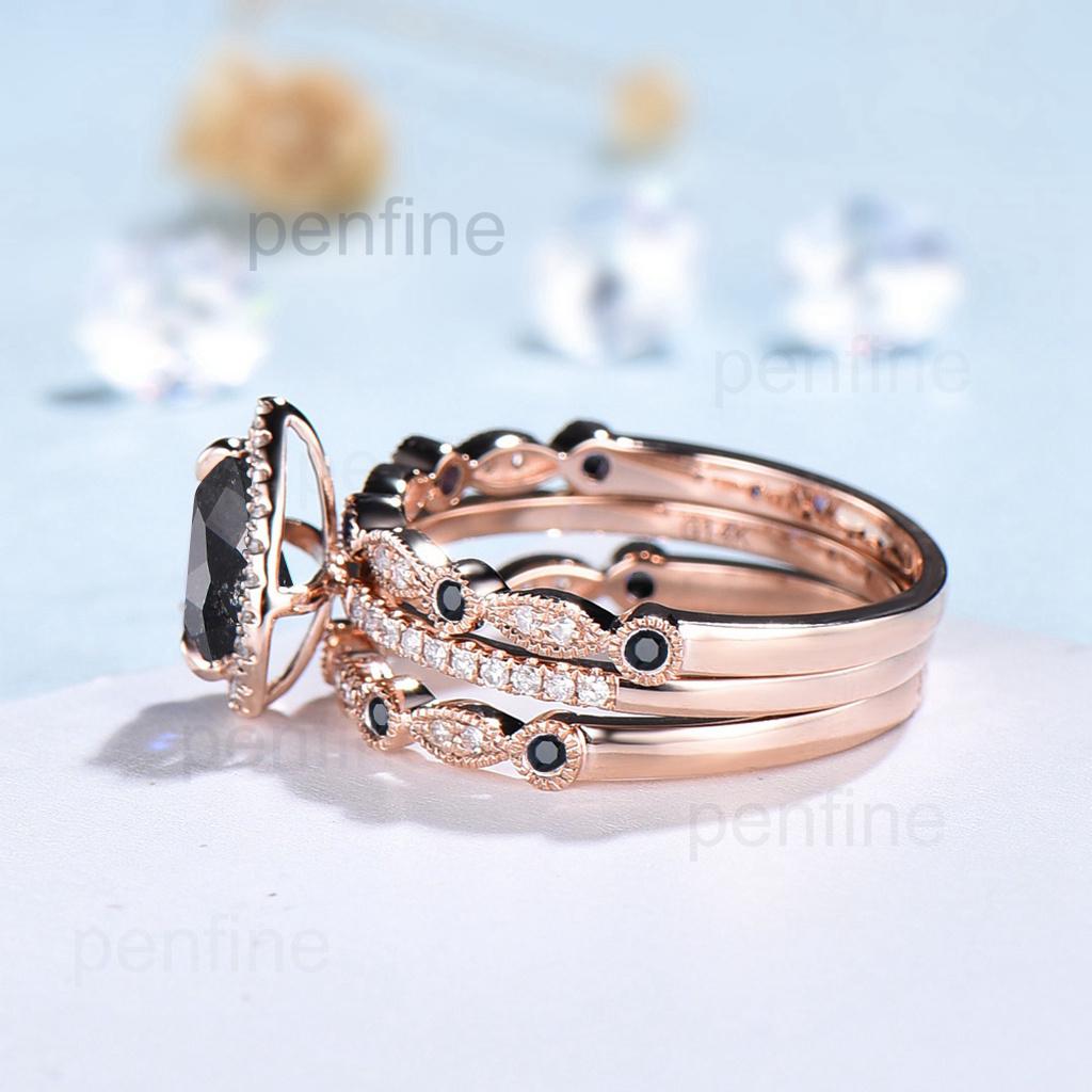 vintage salt and pepper diamond engagement ring set rose gold halo diamond marquise milgrain wedding ring handmade anniversary ring women