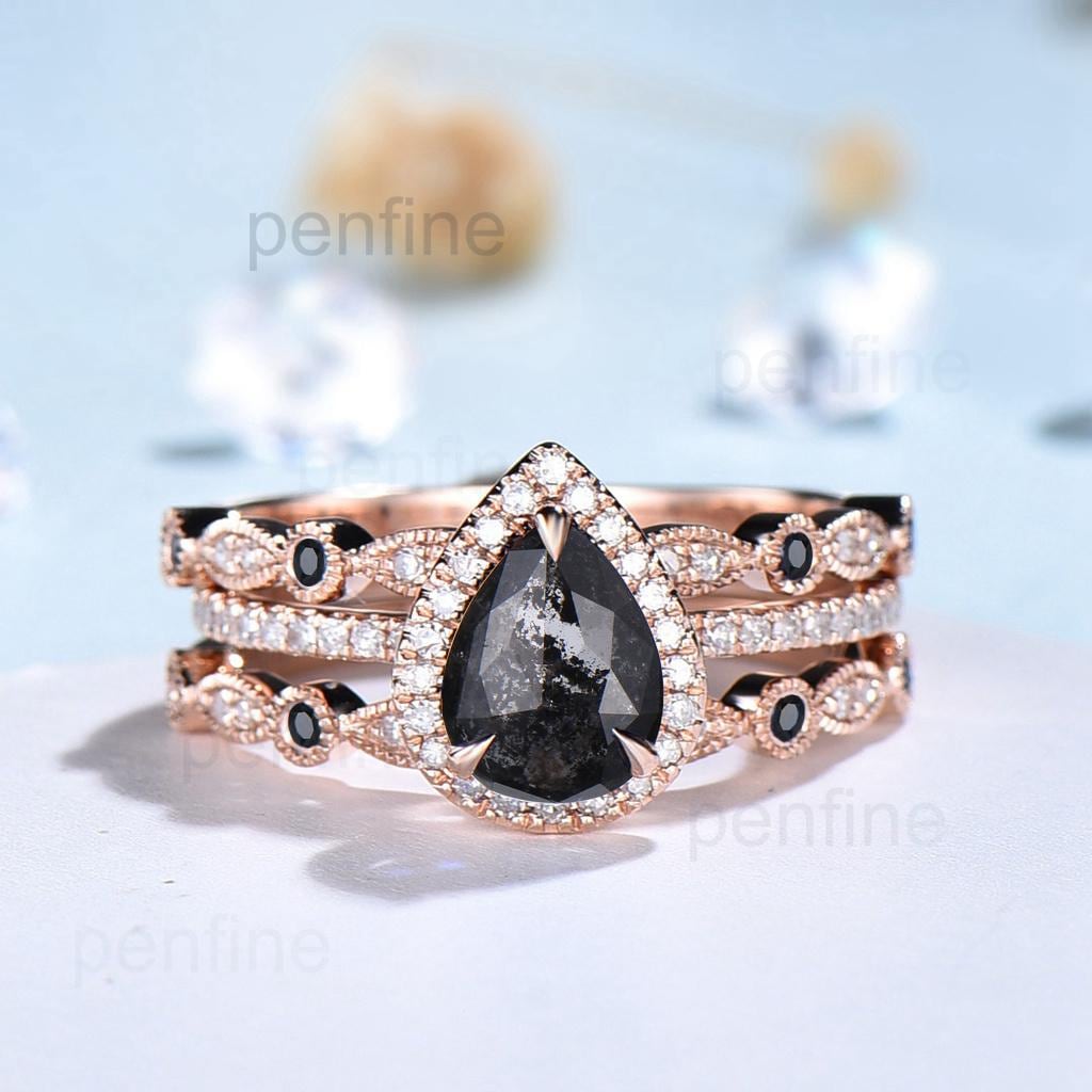 vintage salt and pepper diamond engagement ring set rose gold halo diamond marquise milgrain wedding ring handmade anniversary ring women