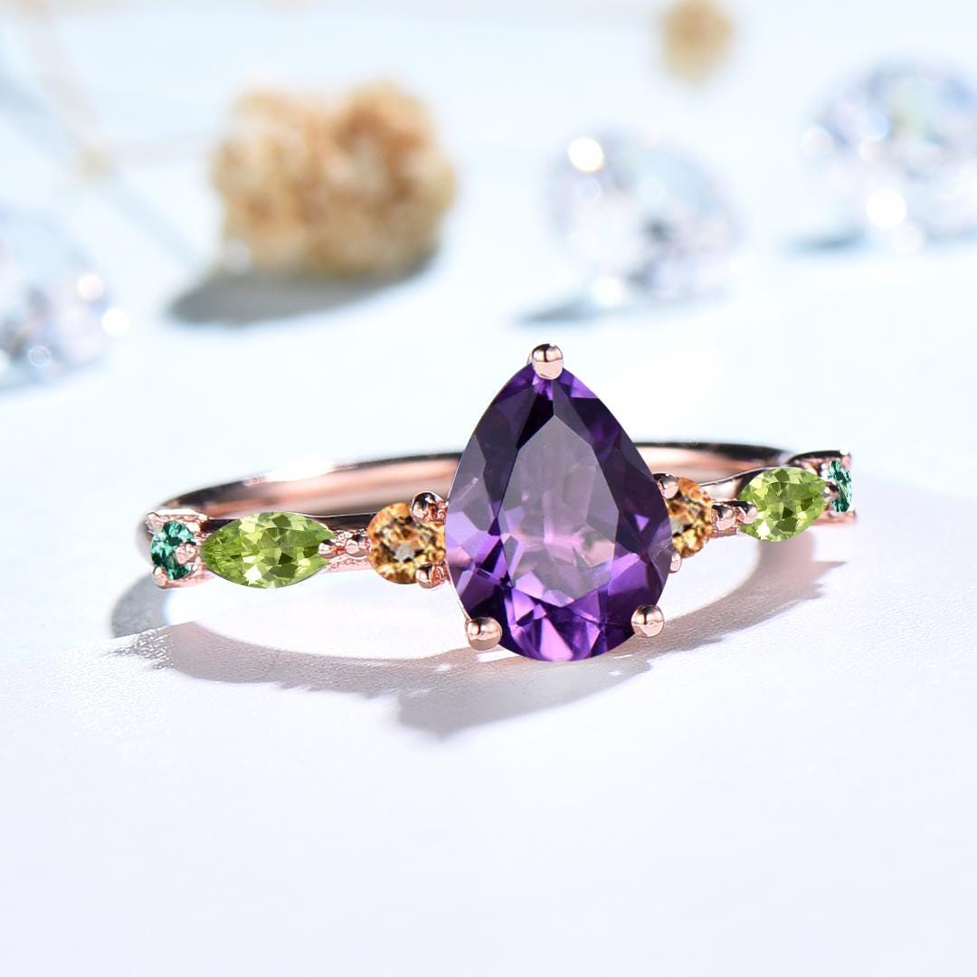 Vintage Pear Shaped Natural Amethyst Engagement Ring Multi-Stone Cluster Citrine Peridot Wedding Ring Feb Birthday Anniversary Promise Gift