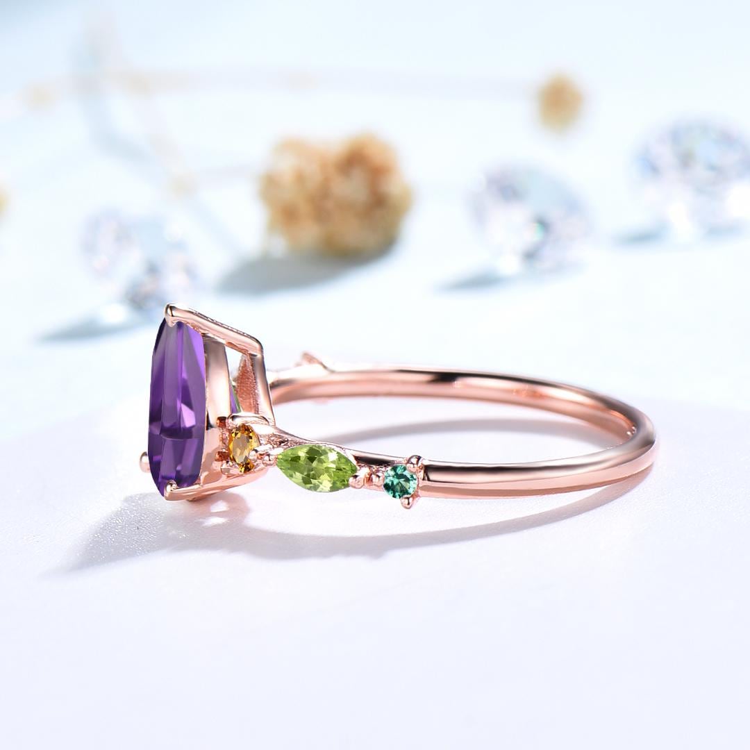 Vintage Pear Shaped Natural Amethyst Engagement Ring Multi-Stone Cluster Citrine Peridot Wedding Ring Feb Birthday Anniversary Promise Gift