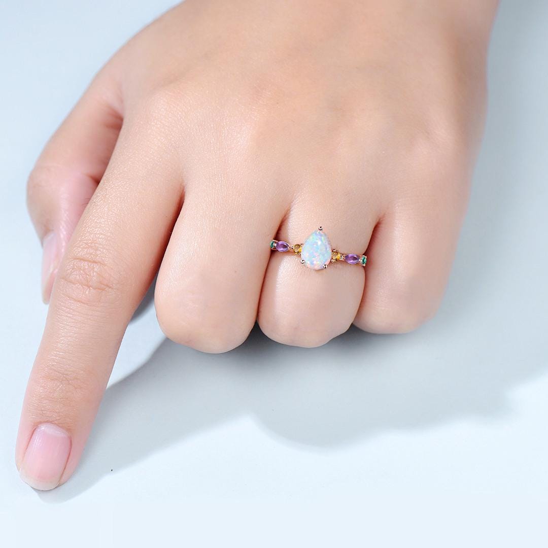 Vintage Pear Shaped Fire Opal Engagement Ring Multi-Stone Cluster Amethyst Emerald Wedding Ring Citrine Birthday Anniversary Promise Gift