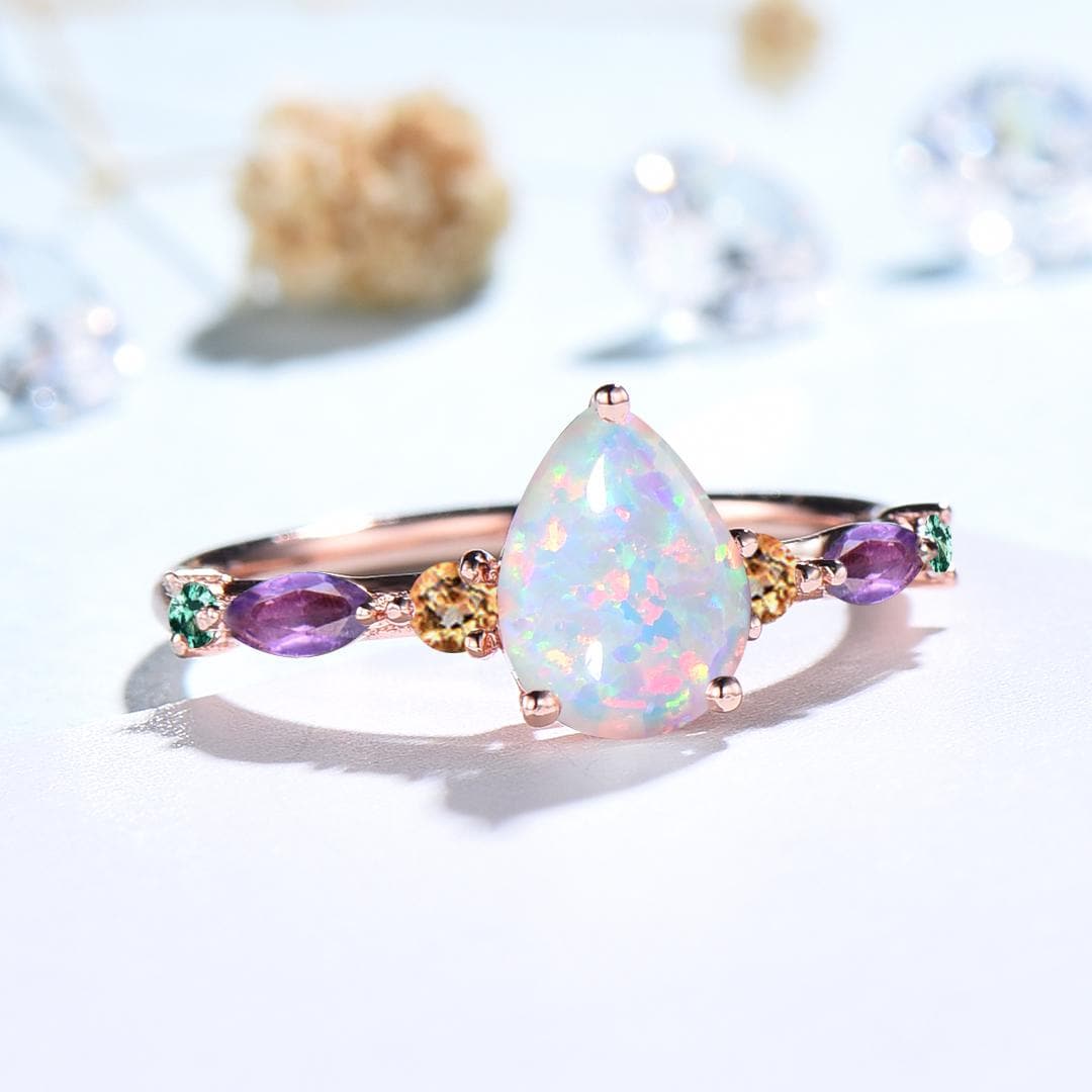 Vintage Pear Shaped Fire Opal Engagement Ring Multi-Stone Cluster Amethyst Emerald Wedding Ring Citrine Birthday Anniversary Promise Gift