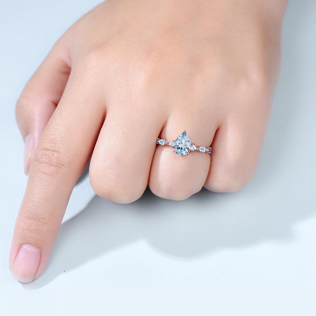 Unique Pear  Shaped Natural Aquamarine Engagement Ring Vintage March Birthstone Moonstone Wedding Ring Anniversary Promise Ring Jewelry Gift