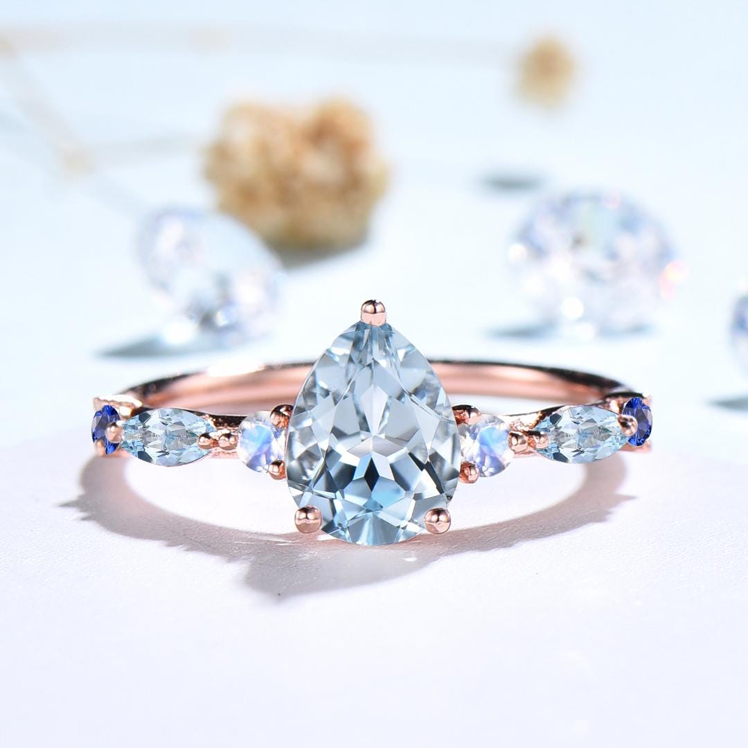 Unique Pear  Shaped Natural Aquamarine Engagement Ring Vintage March Birthstone Moonstone Wedding Ring Anniversary Promise Ring Jewelry Gift