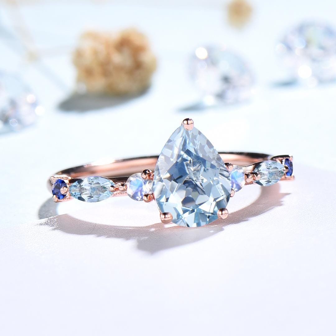 Unique Pear  Shaped Natural Aquamarine Engagement Ring Vintage March Birthstone Moonstone Wedding Ring Anniversary Promise Ring Jewelry Gift