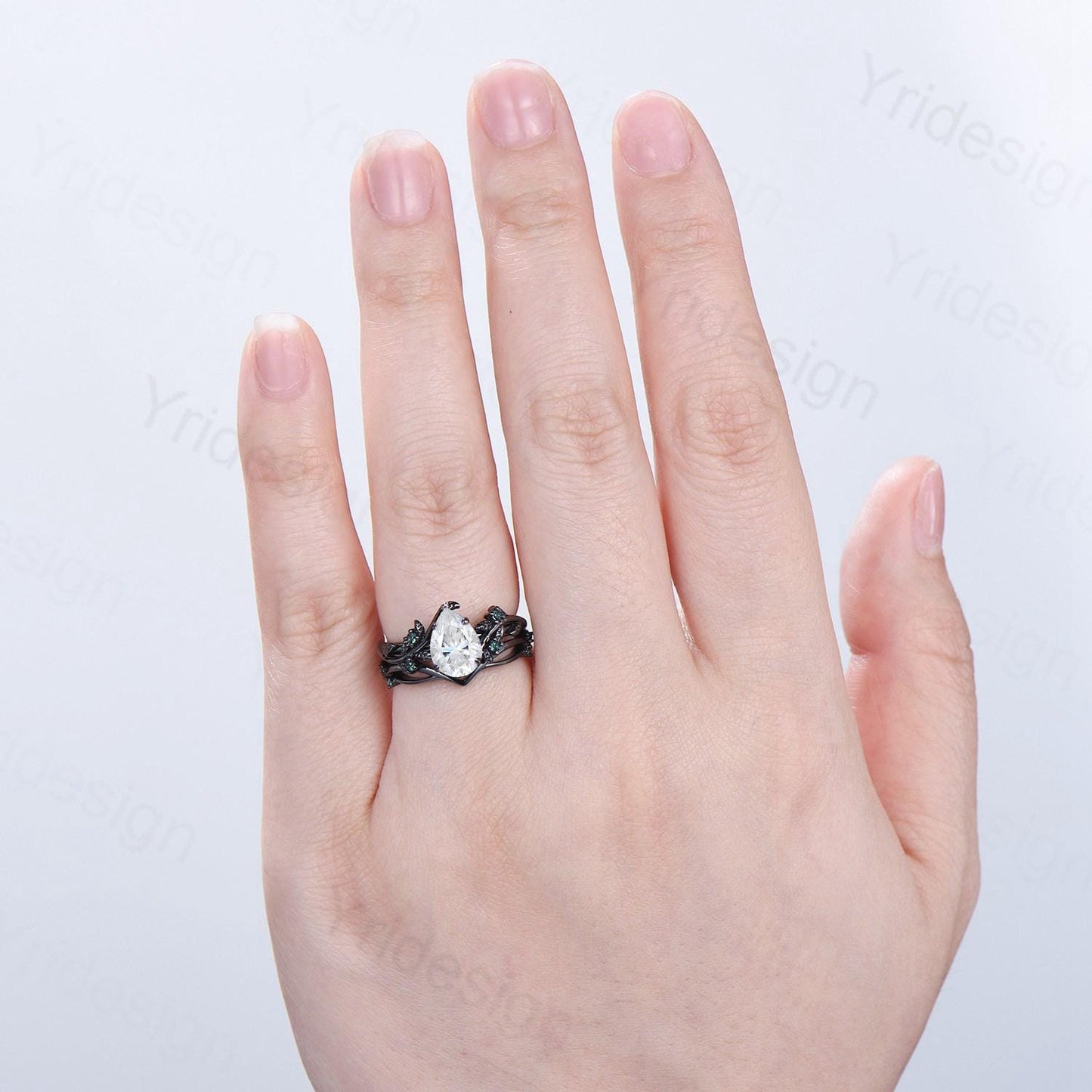 Nature Inspired Pear Shaped Moissanite Engagement Ring Set Unique Black Gold Moissanite Wedding Set Cluster Emerald Anniversary Promise Gift