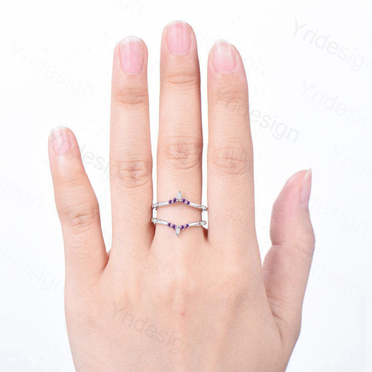 Enhancer Curved Opal Amethyst Wedding Band Sterling Silver White Gold Contour Stacking Marquise Baguette Opal Matching Ring Anniversary Gift