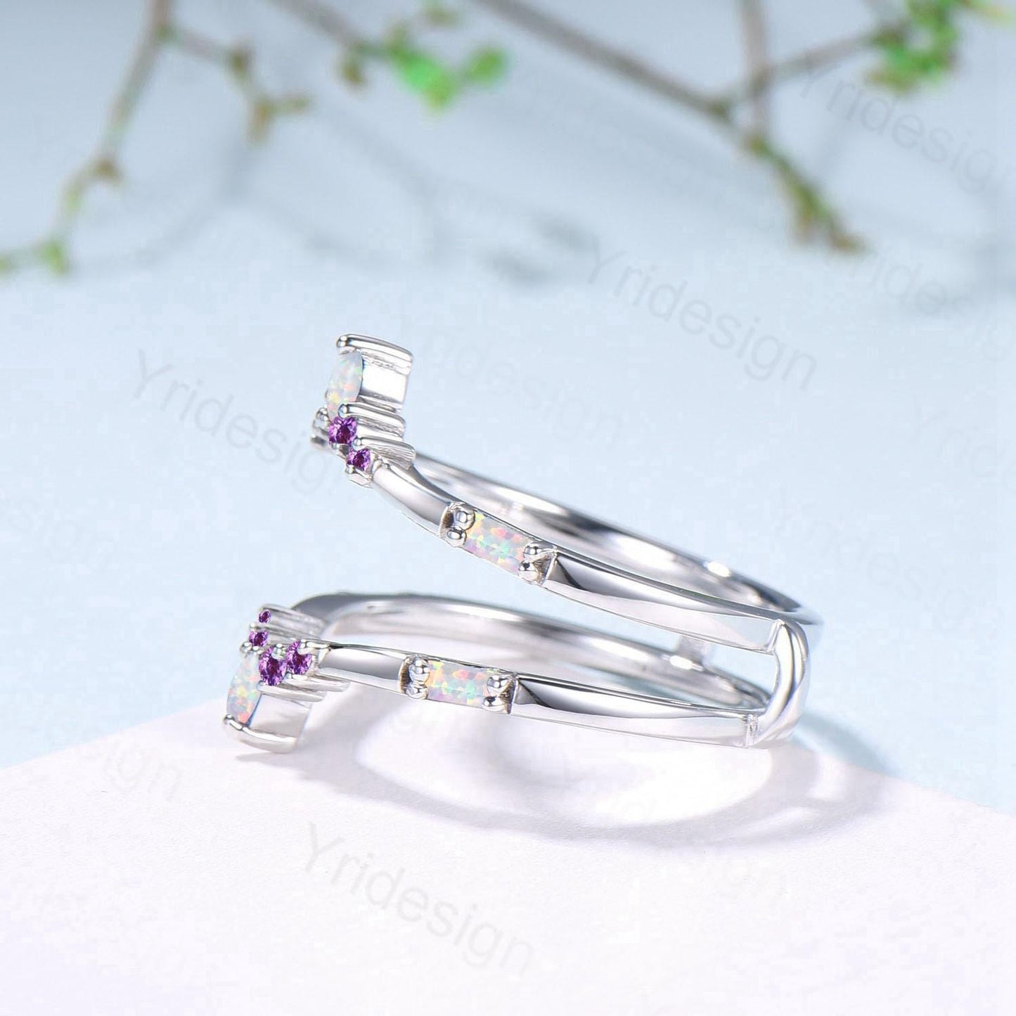 Enhancer Curved Opal Amethyst Wedding Band Sterling Silver White Gold Contour Stacking Marquise Baguette Opal Matching Ring Anniversary Gift