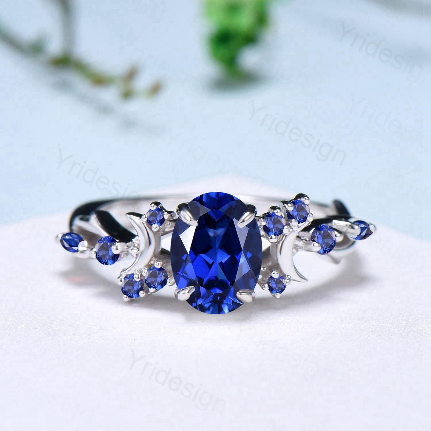 Unique 1.5CT Oval Cut Blue Sapphire Engagement Ring Vintage Moon Promise Ring Twig  Branch Vine Cluster Wedding Ring Anniversary Gift Women