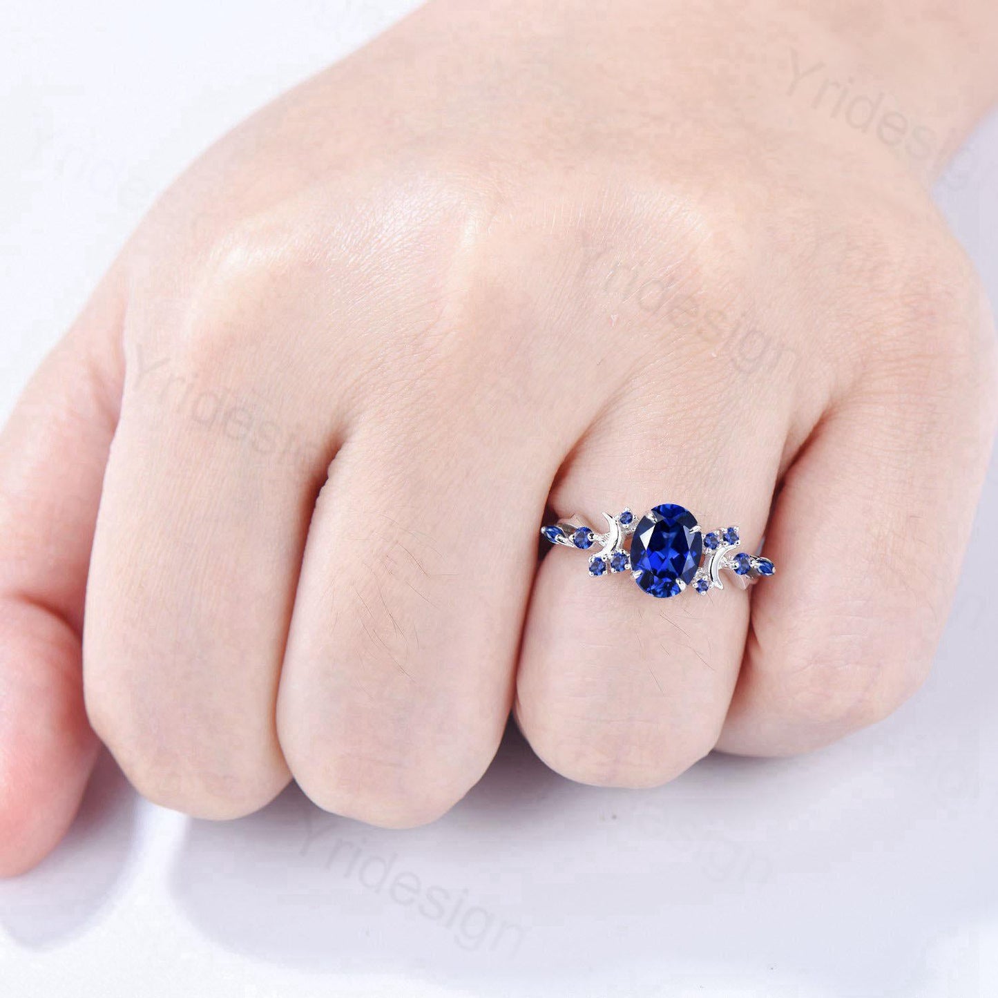 Unique 1.5CT Oval Cut Blue Sapphire Engagement Ring Vintage Moon Promise Ring Twig  Branch Vine Cluster Wedding Ring Anniversary Gift Women