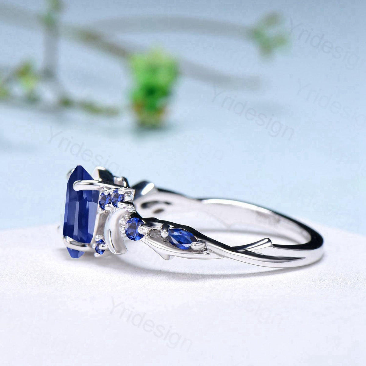 Unique 1.5CT Oval Cut Blue Sapphire Engagement Ring Vintage Moon Promise Ring Twig  Branch Vine Cluster Wedding Ring Anniversary Gift Women