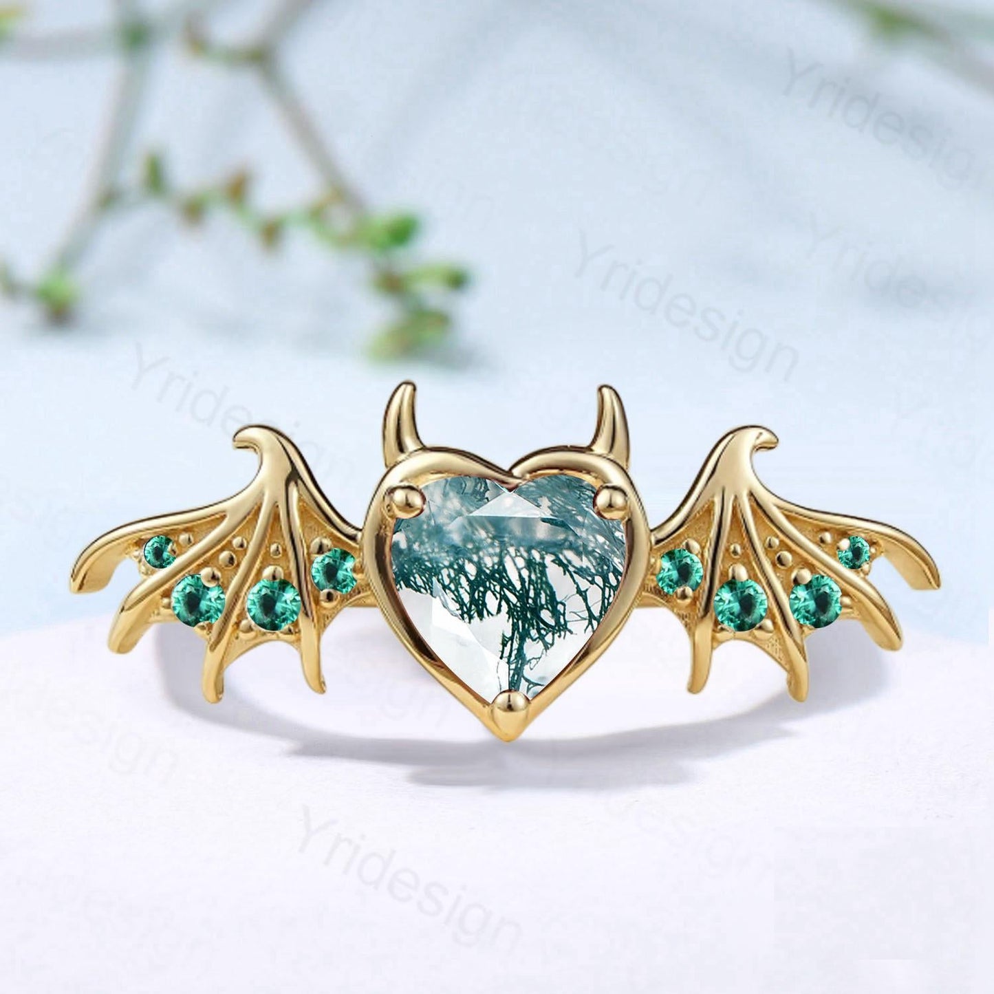 Heart Moss Agate Bat Ring, Lab Emerald Gold Fantasy Ring