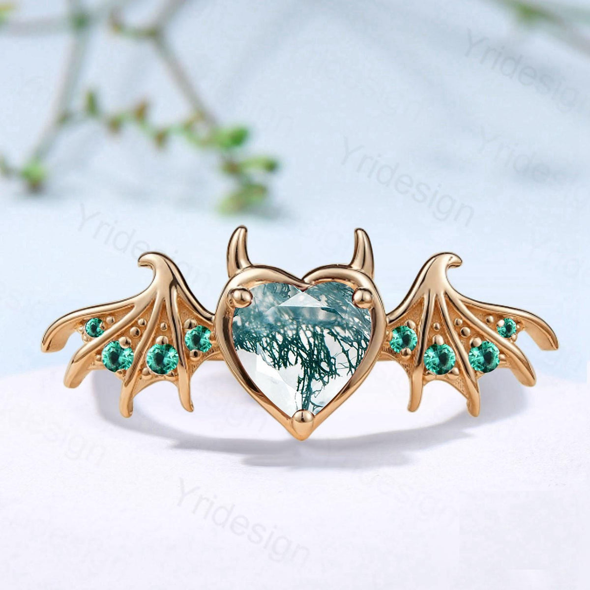 Heart Moss Agate Bat Ring, Lab Emerald Gold Fantasy Ring
