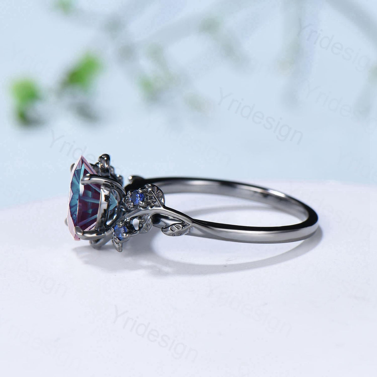 Unique Black Gold Fireworks Cut Oval Cut Alexandrite Engagement Ring Nature Inspired Color Changing Leaf Vine Cluster Sapphire Wedding Ring