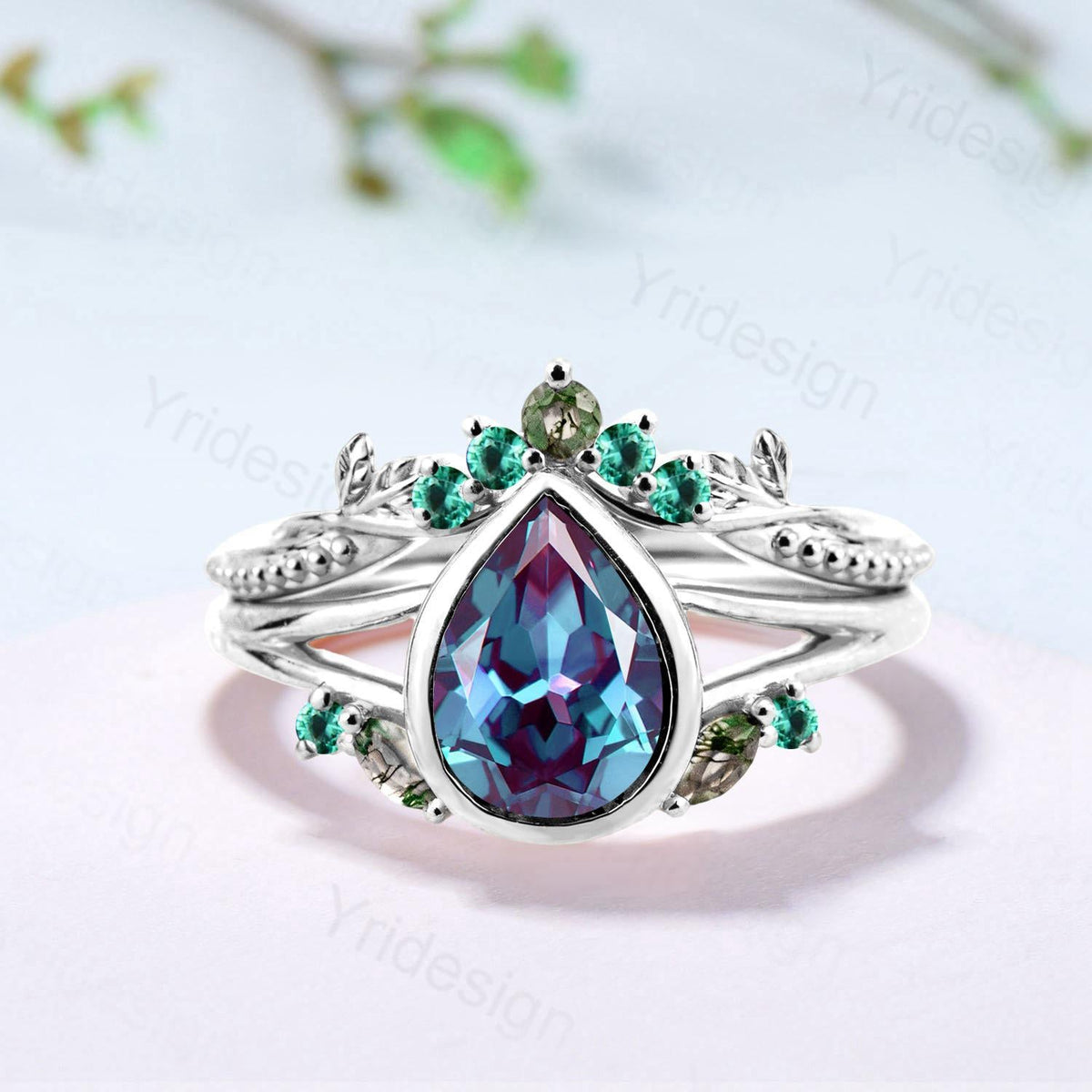 Split Shank Pear Shaped Alexandrite Engagement Ring Set, Bezel Set, Marquise Cut Moss Agate and Emerald Cluster Ring, Gold Leaf Wedding Set