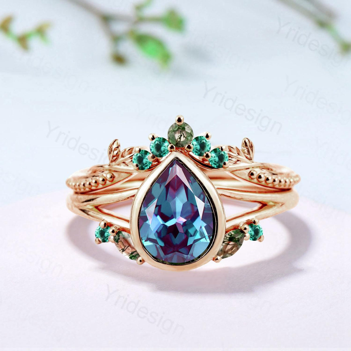 Split Shank Pear Shaped Alexandrite Engagement Ring Set, Bezel Set, Marquise Cut Moss Agate and Emerald Cluster Ring, Gold Leaf Wedding Set