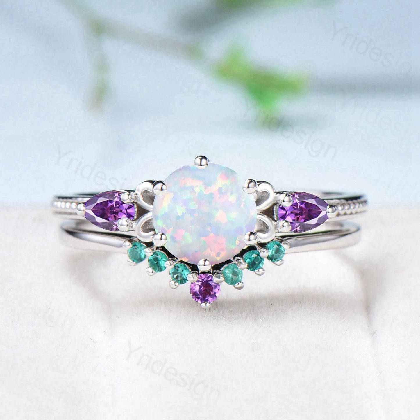 Vintage White Opal Engagement Ring Set, Pear Amethyst Emerald Accent, Milgrain 14K Gold