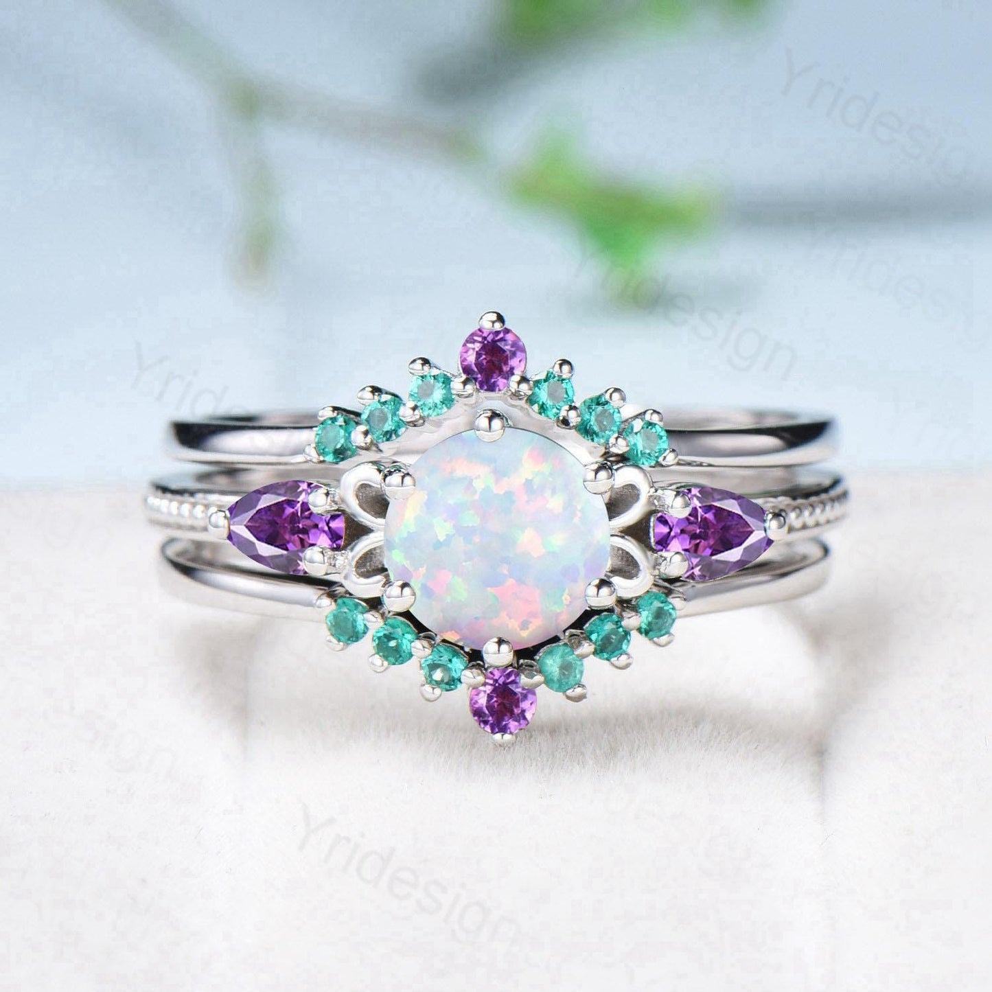 Vintage White Opal Engagement Ring Set, Pear Amethyst Emerald Accent, Milgrain 14K Gold