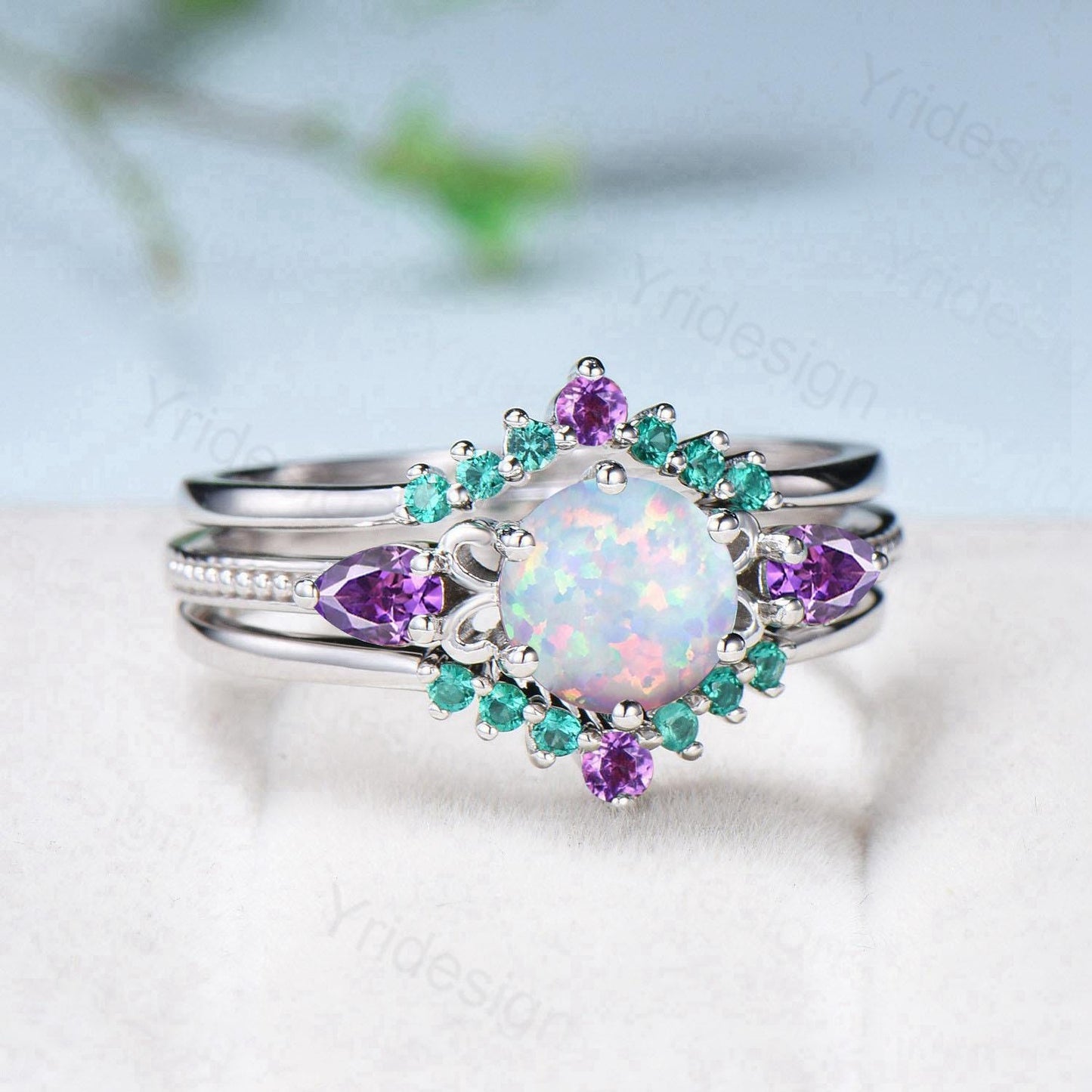 Vintage White Opal Engagement Ring Set, Pear Amethyst Emerald Accent, Milgrain 14K Gold