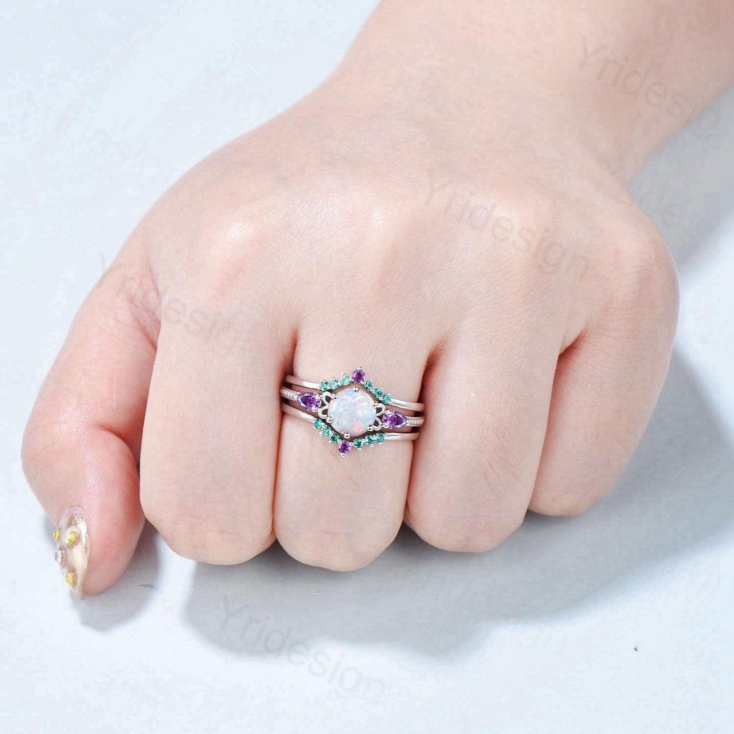 Vintage White Opal Engagement Ring Set, Pear Amethyst Emerald Accent, Milgrain 14K Gold
