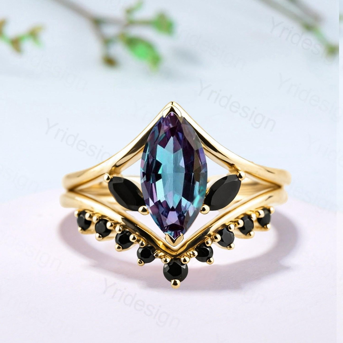 Marquise Alexandrite Engagement Ring Set, Black Spinel Accent, Vintage Style