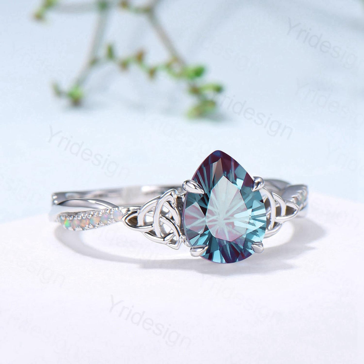 Pear Alexandrite Engagement Ring, Vintage Norse Opal Wedding Ring