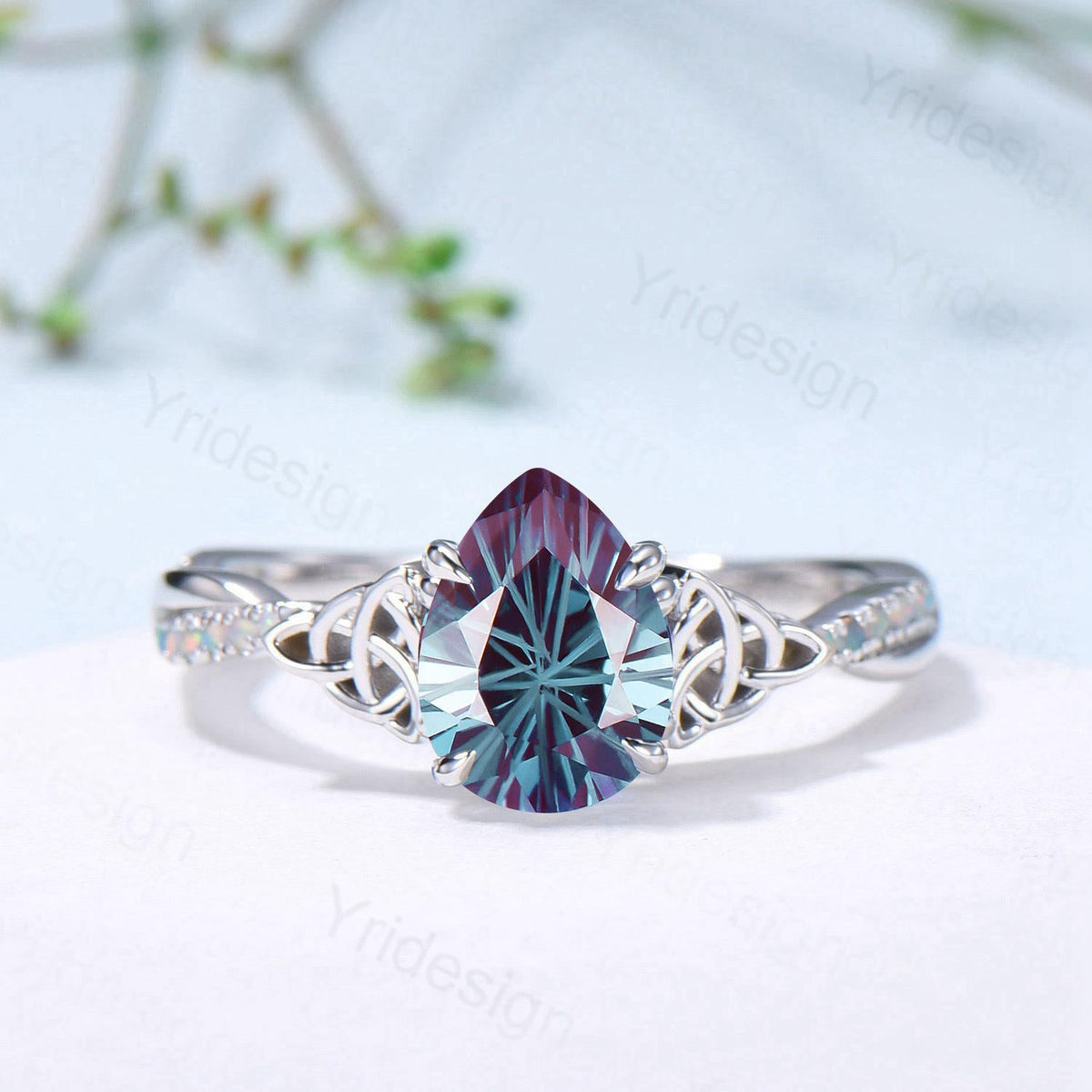 Pear Alexandrite Engagement Ring, Vintage Norse Opal Wedding Ring