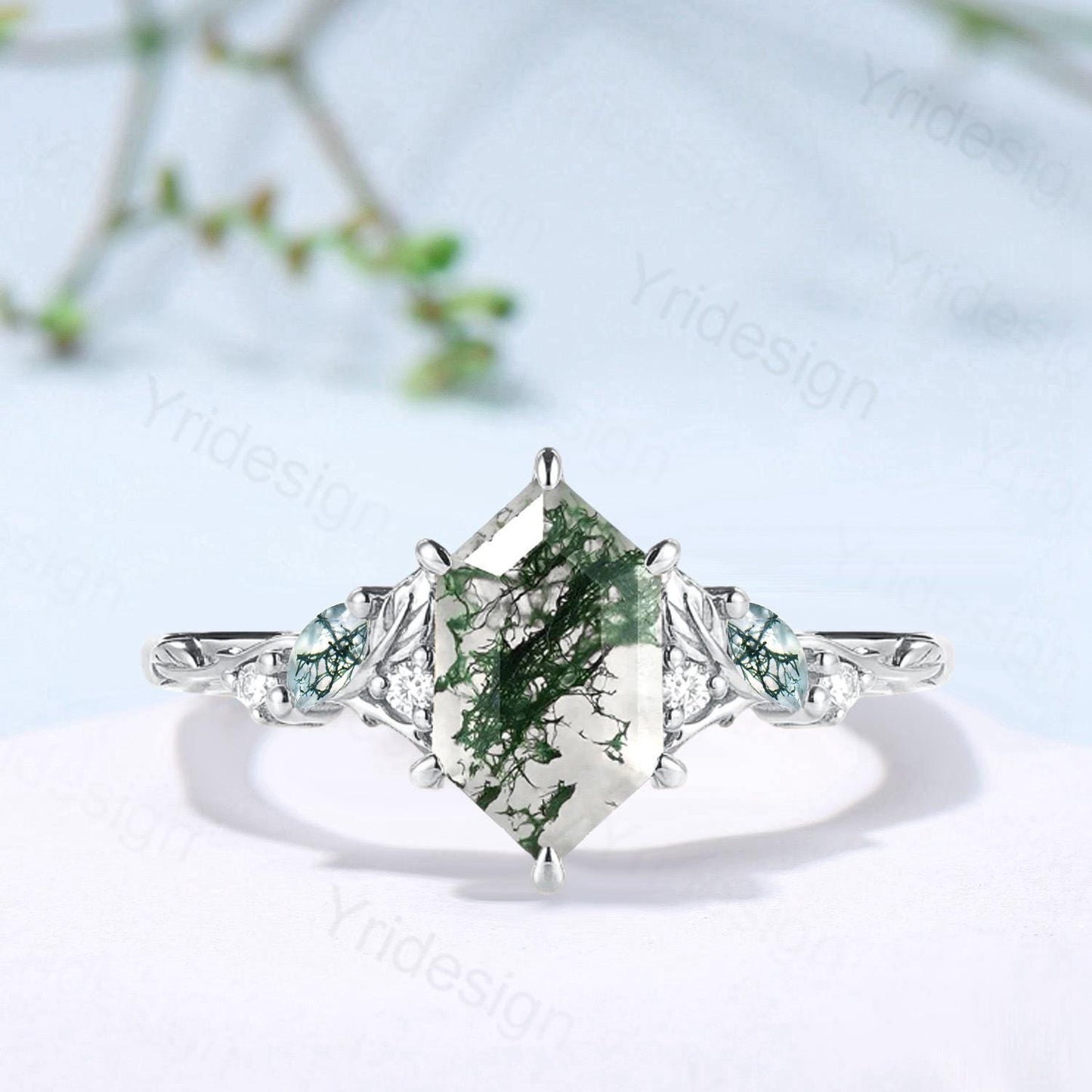 Vintage Moss Agate Engagement Ring, Marquise Wedding Ring, 14K Gold Leaf Vine