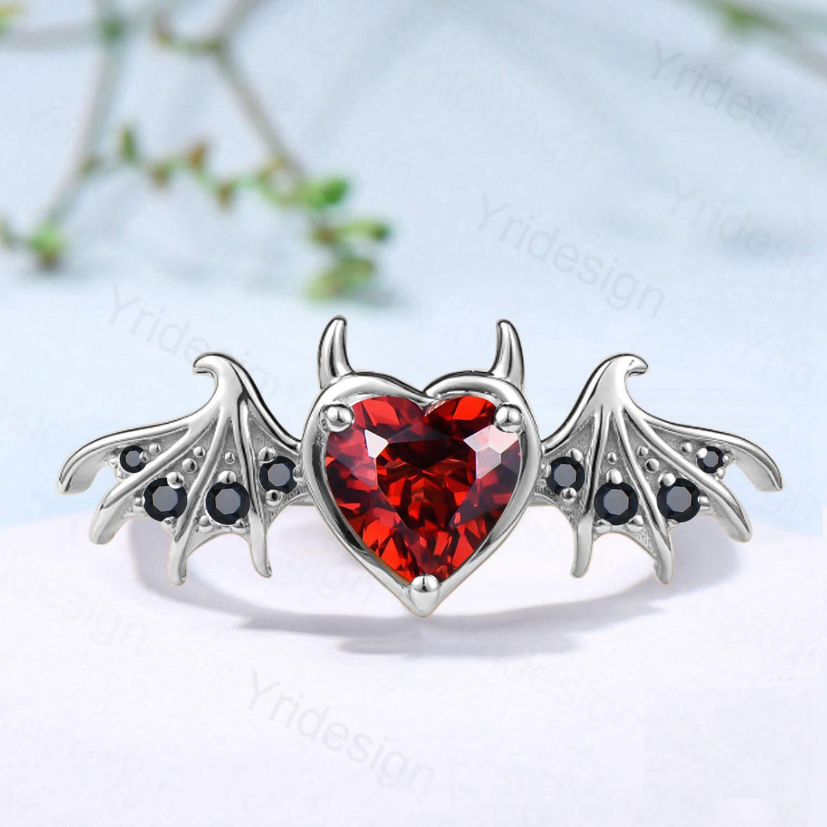 Heart Garnet Bat Wing Ring, Black Spinel Devil Engagement Ring