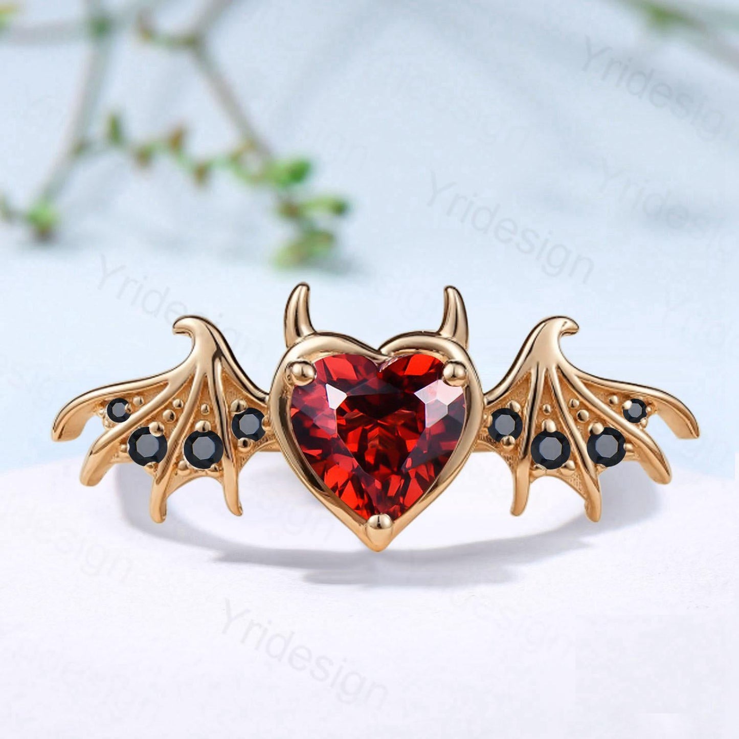 Heart Garnet Bat Wing Ring, Black Spinel Devil Engagement Ring