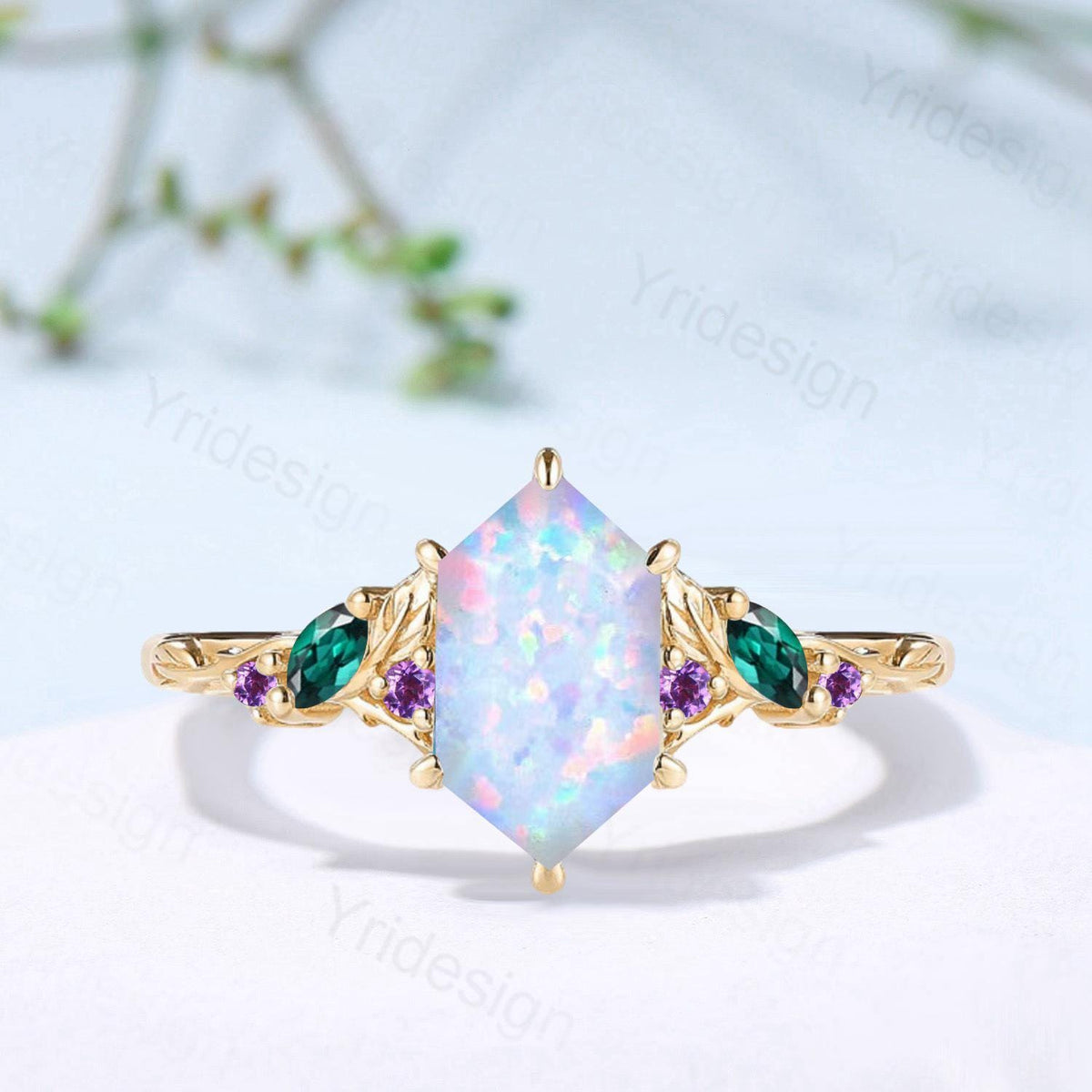 Vintage Fire Opal Engagement Ring, Marquise Emerald, Amethyst, 14K Rose Gold