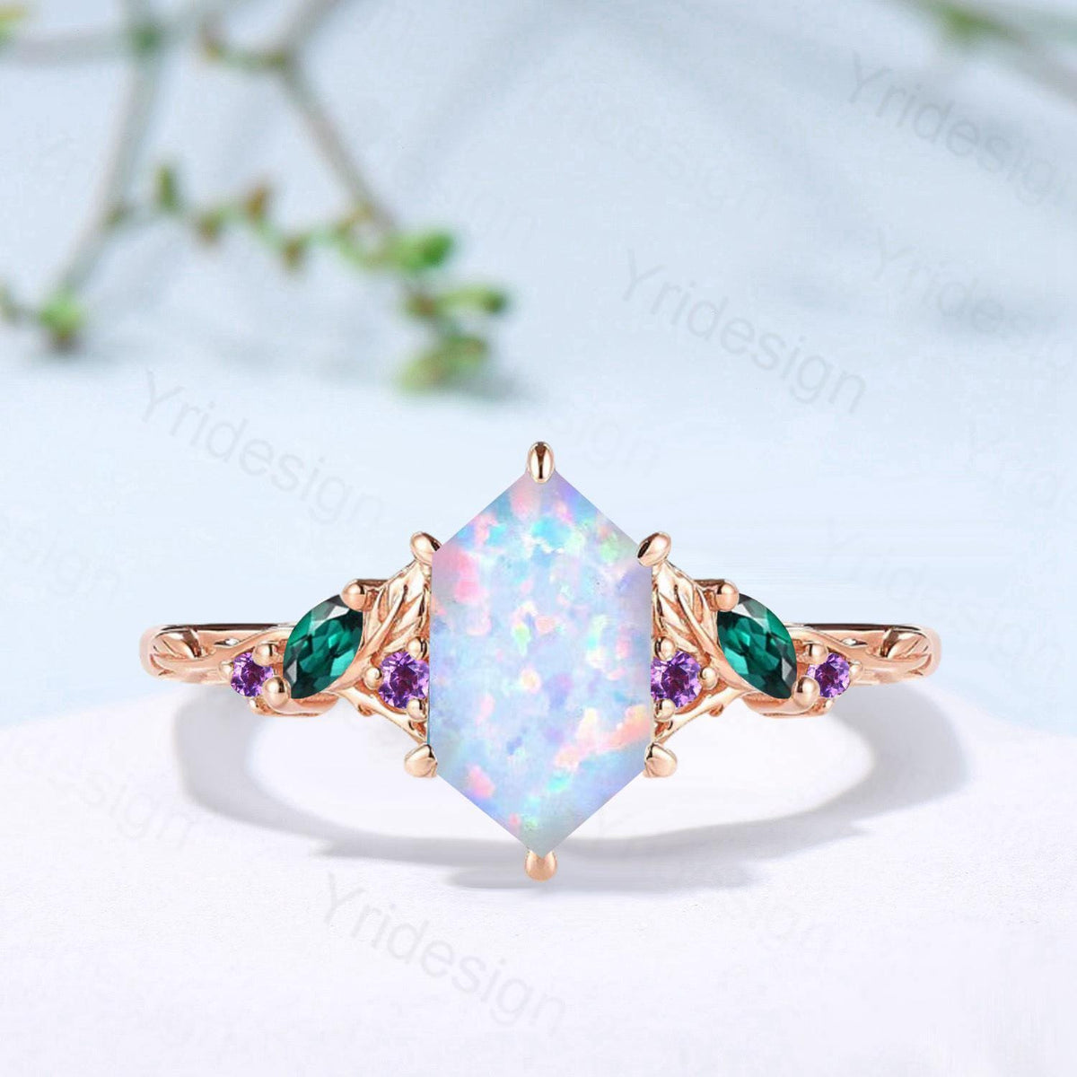Vintage Fire Opal Engagement Ring, Marquise Emerald, Amethyst, 14K Rose Gold
