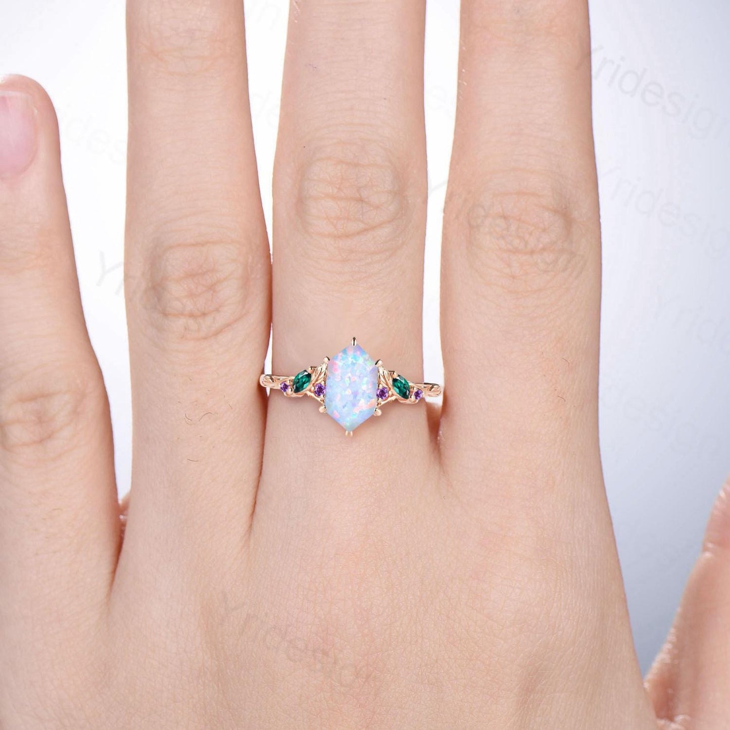 Vintage Fire Opal Engagement Ring, Marquise Emerald, Amethyst, 14K Rose Gold