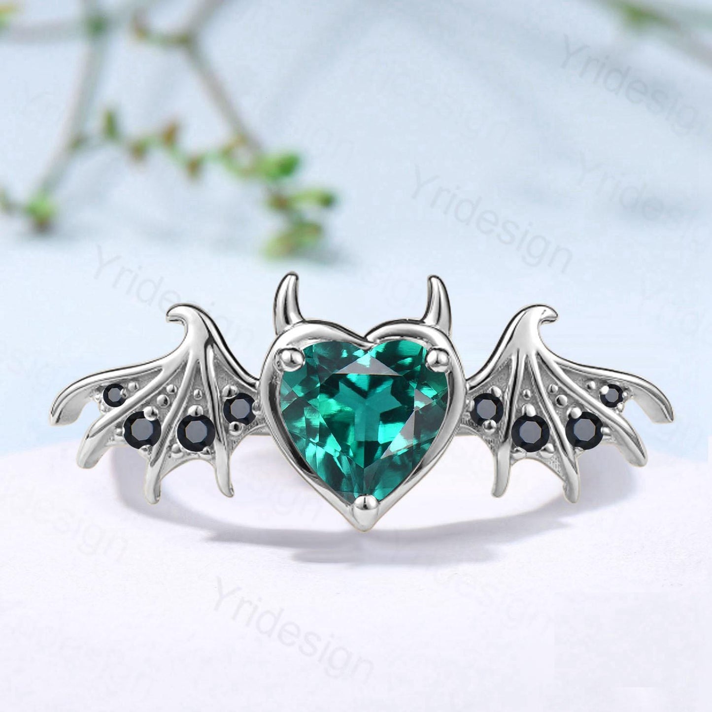 Heart Emerald Engagement Ring, Wing Black Spinel, Devil Promise Ring