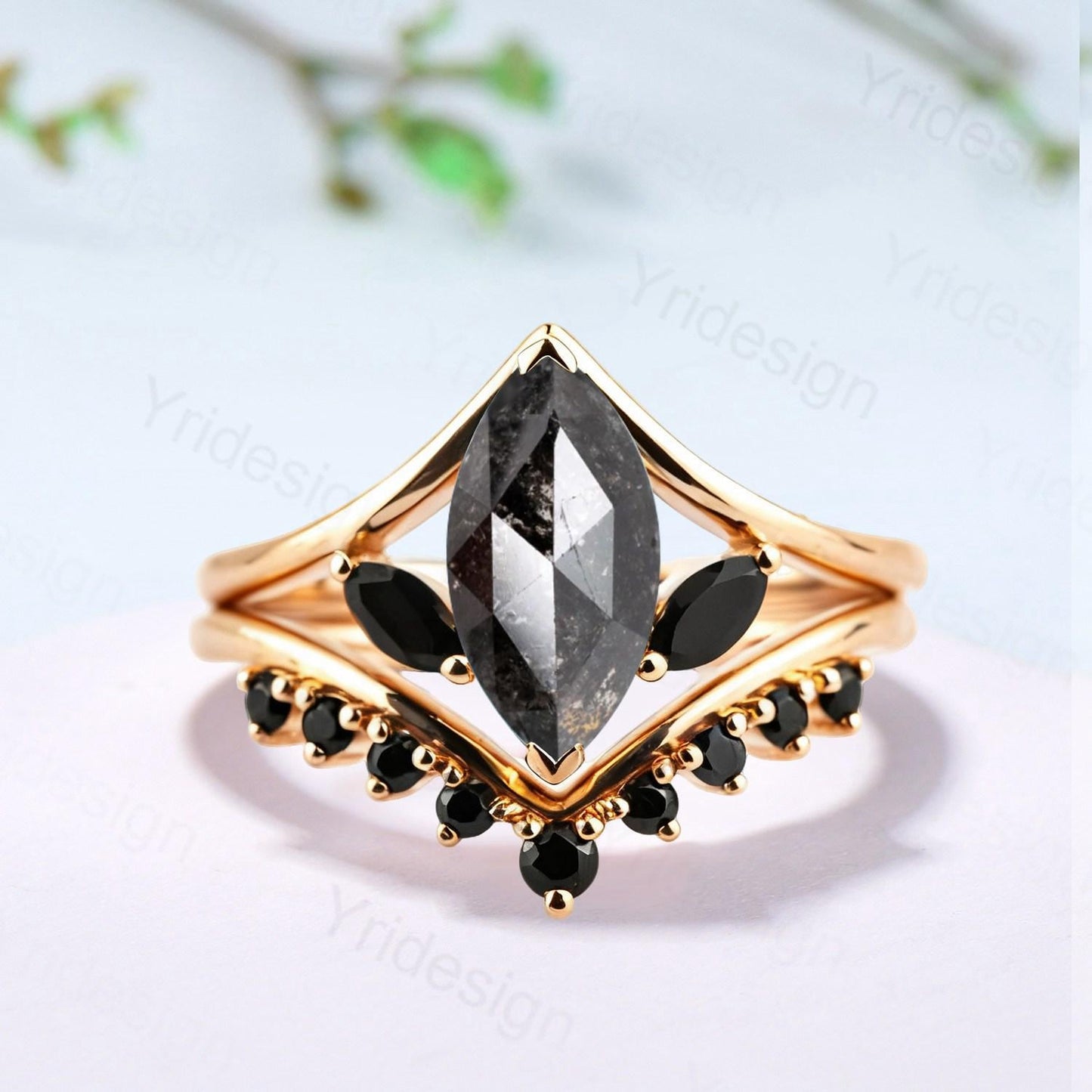 Marquise Salt and Pepper Diamond Ring Set, Black Spinel Accent, Handmade