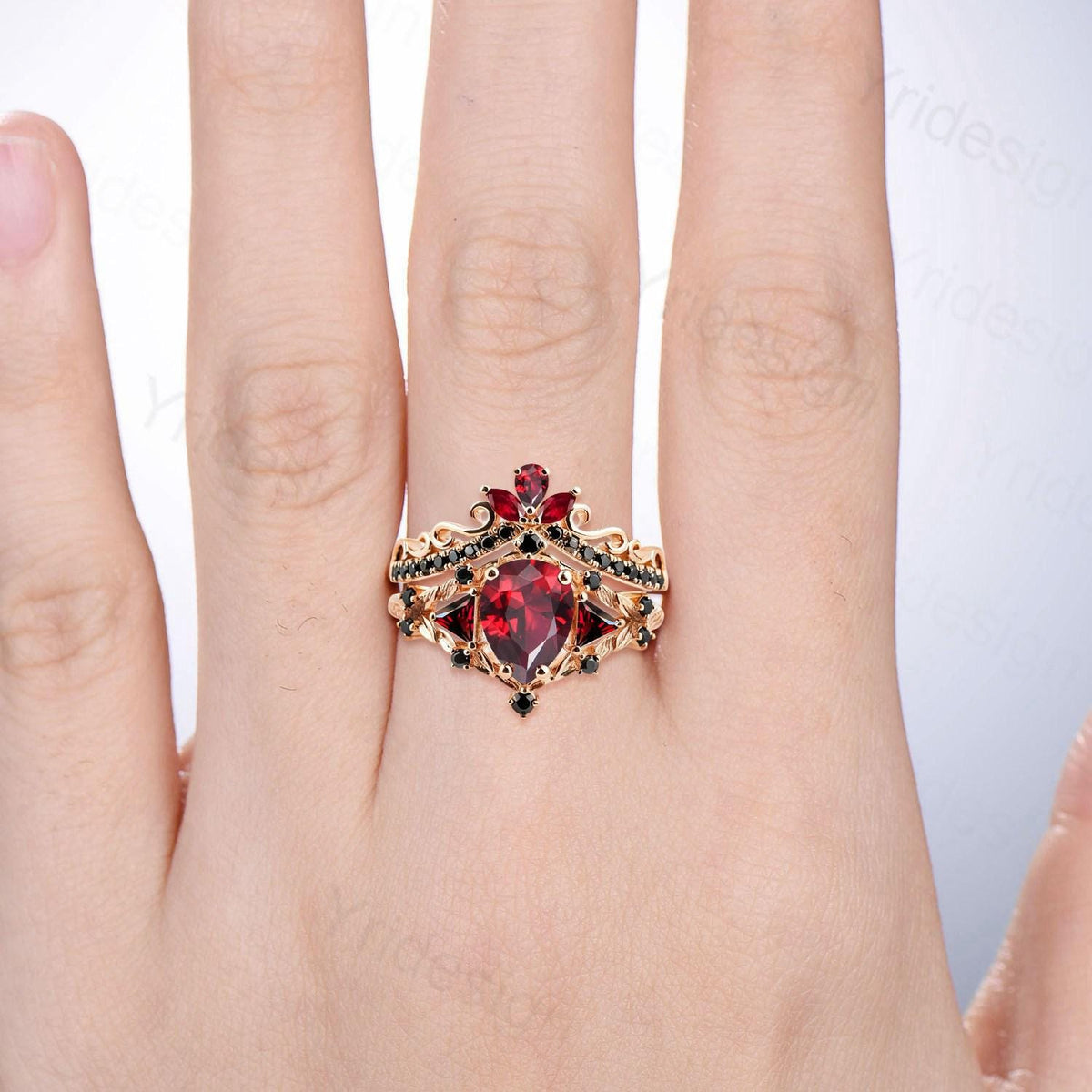 Vintage Pear Garnet Engagement Ring Set, 14k Rose Gold, Black Spinel