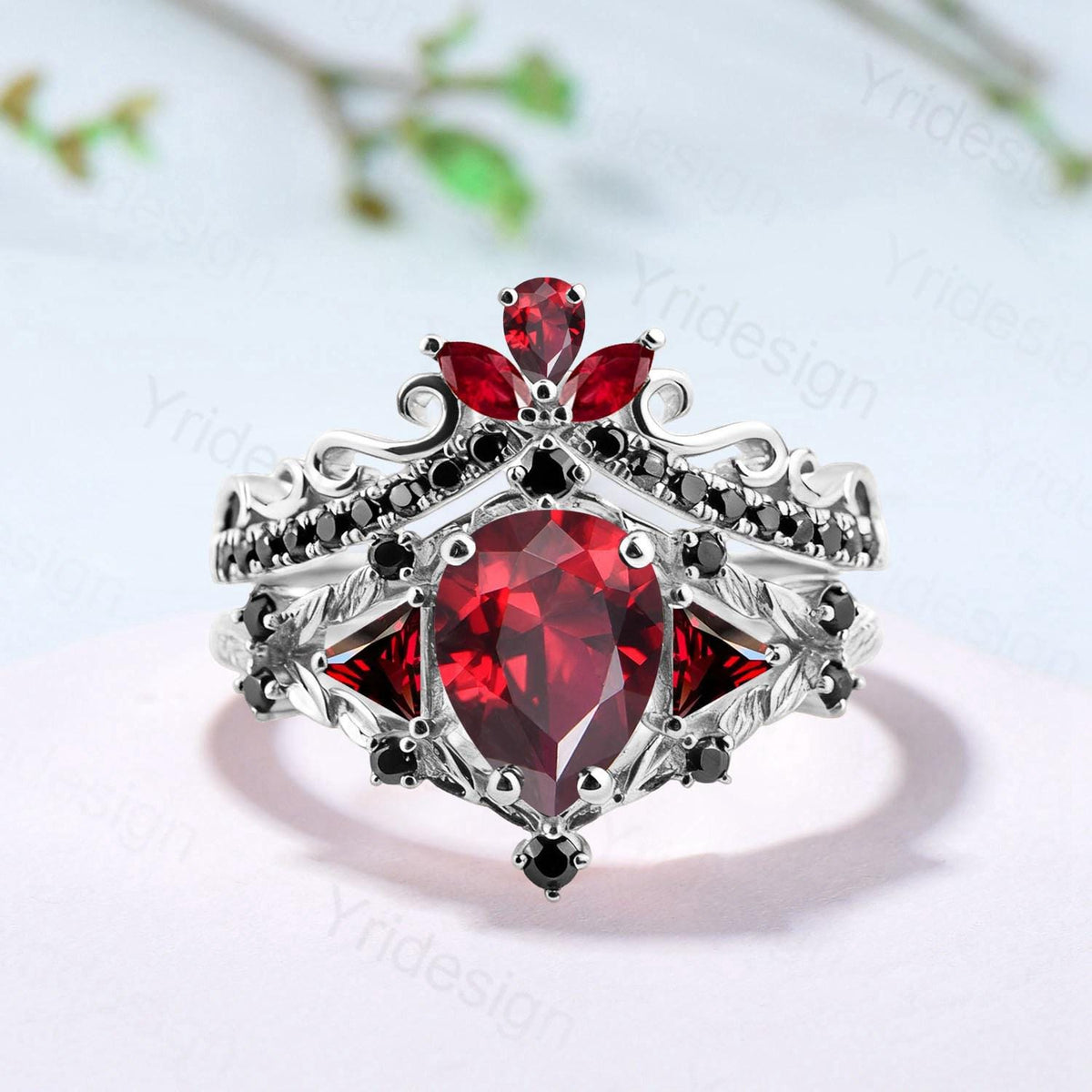 Vintage Pear Garnet Engagement Ring Set, 14k Rose Gold, Black Spinel