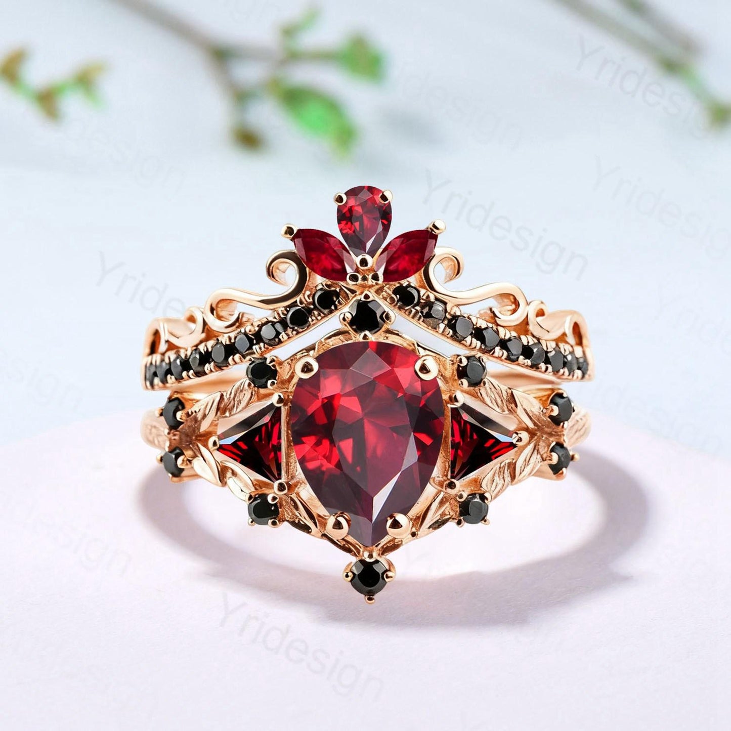 Vintage Pear Garnet Engagement Ring Set, 14k Rose Gold, Black Spinel
