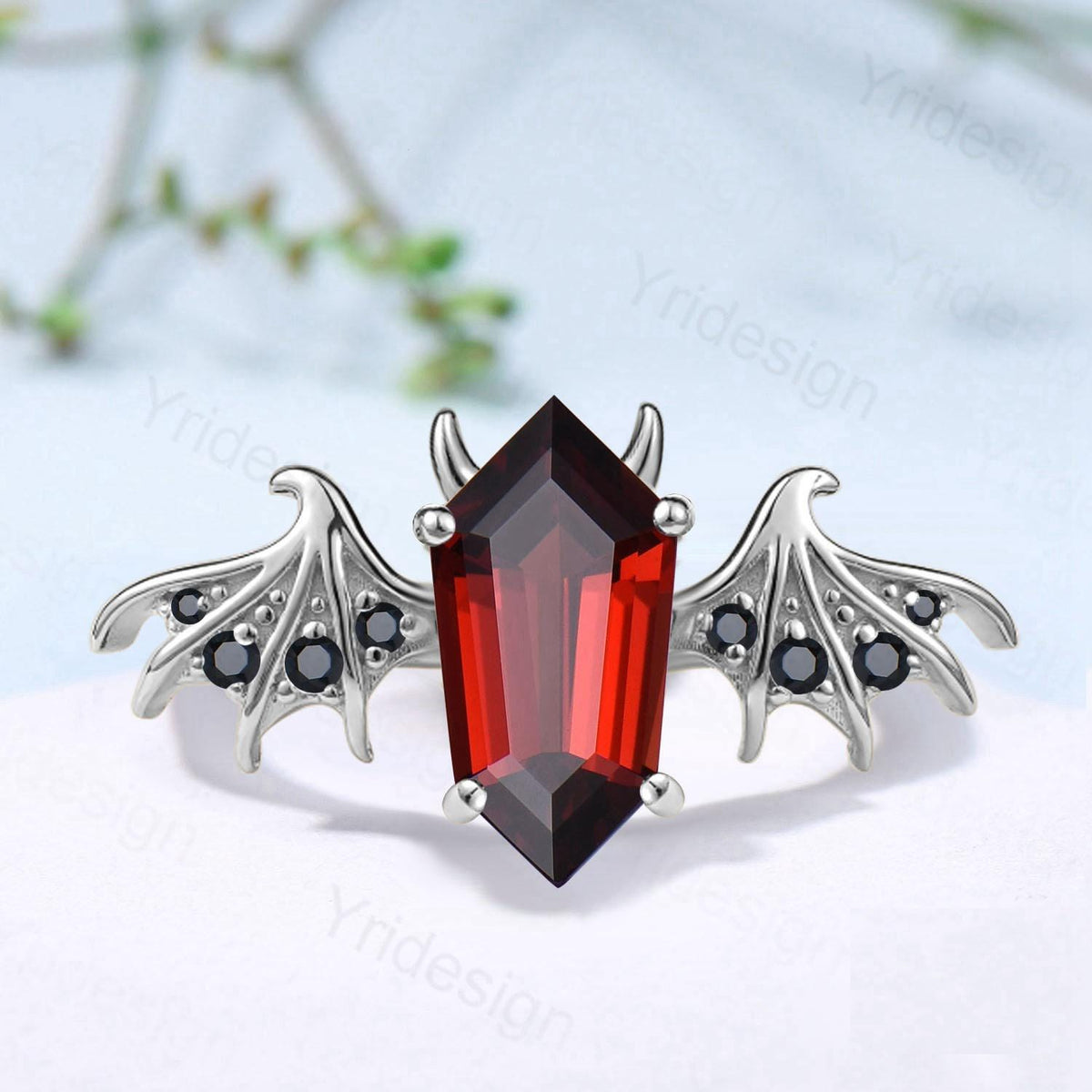 Shield Shaped Garnet Bat Engagement Ring Unique Wing Garnet Spinel Ring, Black Spinel Devil January Birthstone Engagement Ring