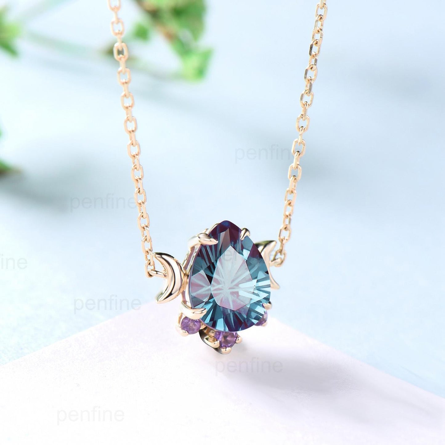 Teardrop Fireworks Cut Alexandrite Pendant Necklace, Cluster Amethyst, Crescent Moon, Sterling Silver