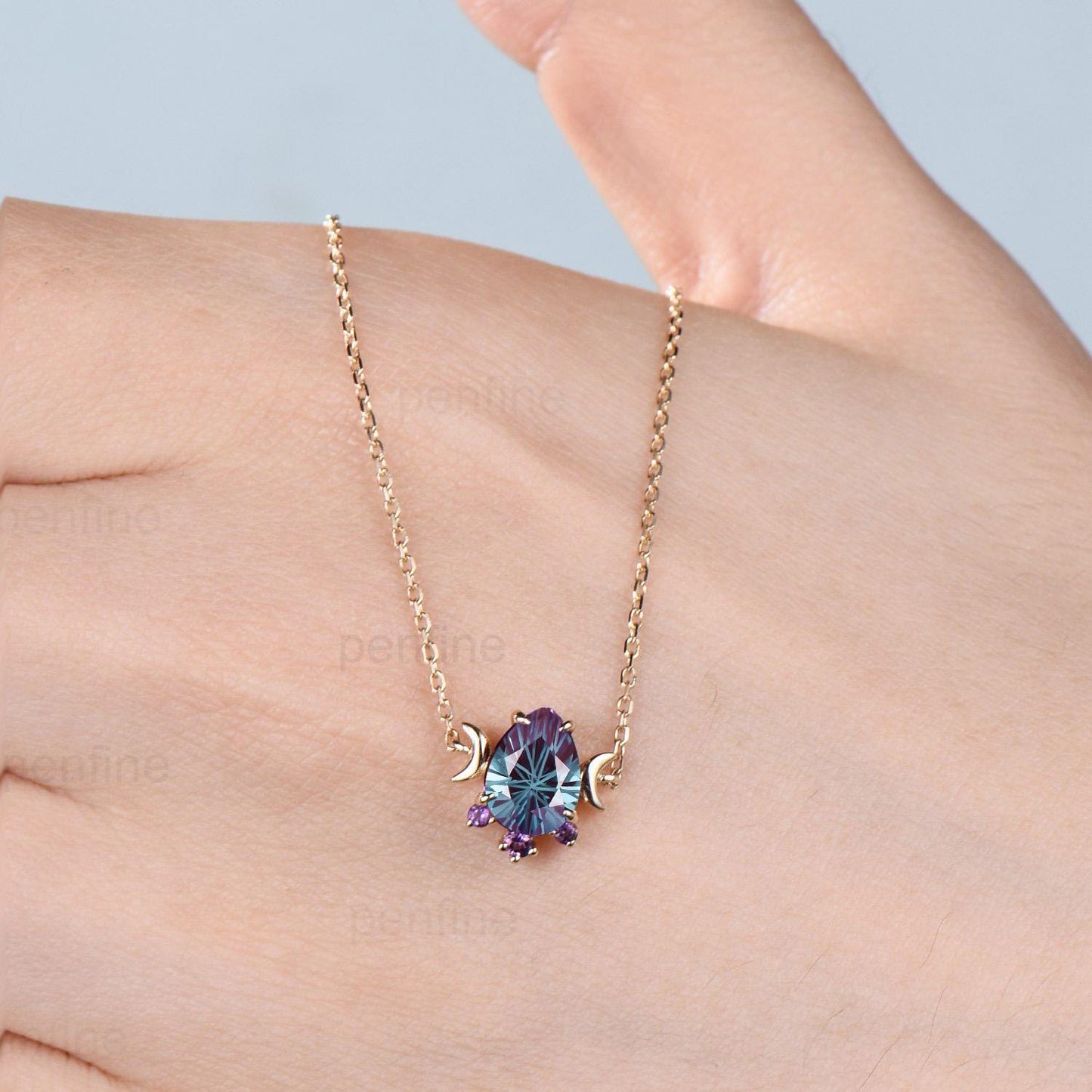 Teardrop Fireworks Cut Alexandrite Pendant Necklace, Cluster Amethyst, Crescent Moon, Sterling Silver