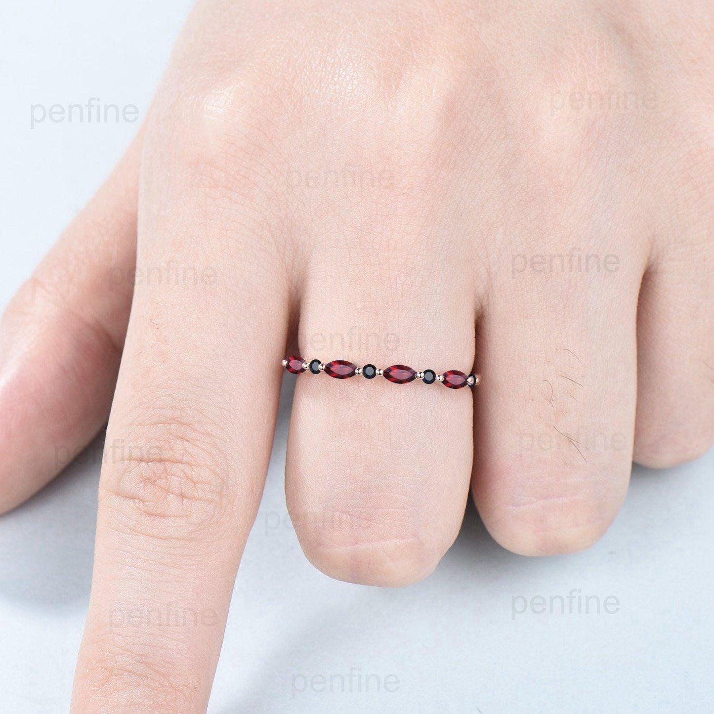 Garnet Black Spinel Eternity Wedding Band, Rose Gold Art Deco Anniversary Ring