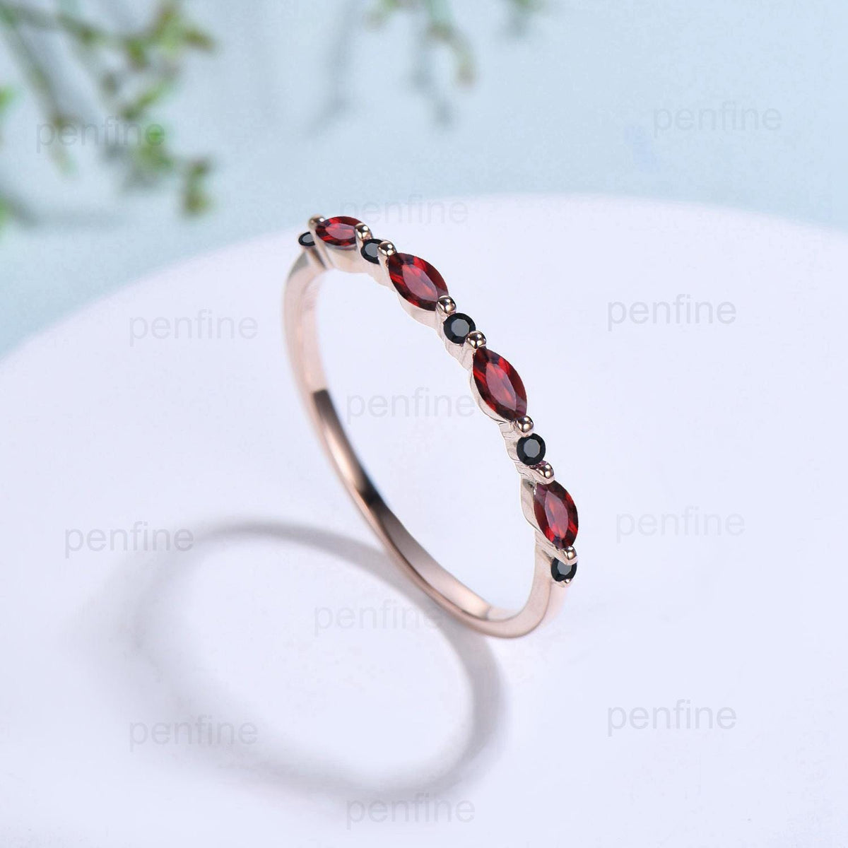 Garnet Black Spinel Eternity Wedding Band, Rose Gold Art Deco Anniversary Ring