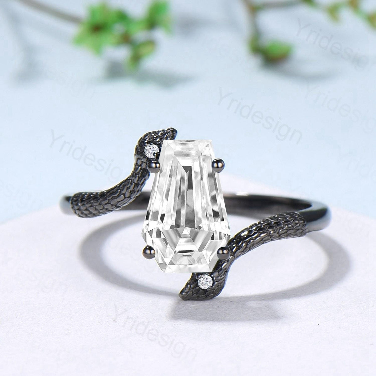 Coffin Cut Moissanite Snake Ring Gothic Black Gold Engagement Ring, Three Stone