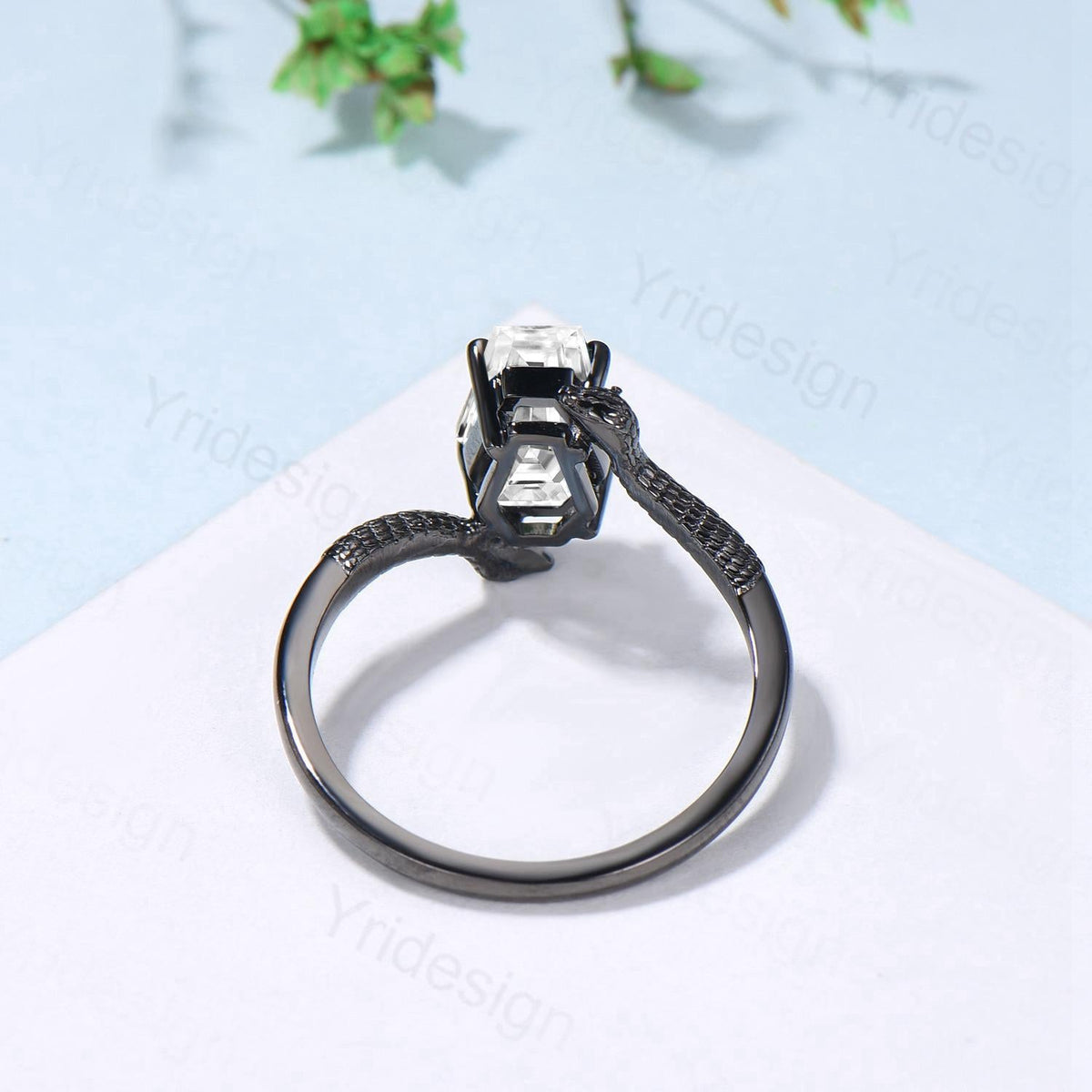 Coffin Cut Moissanite Snake Ring Gothic Black Gold Engagement Ring, Three Stone