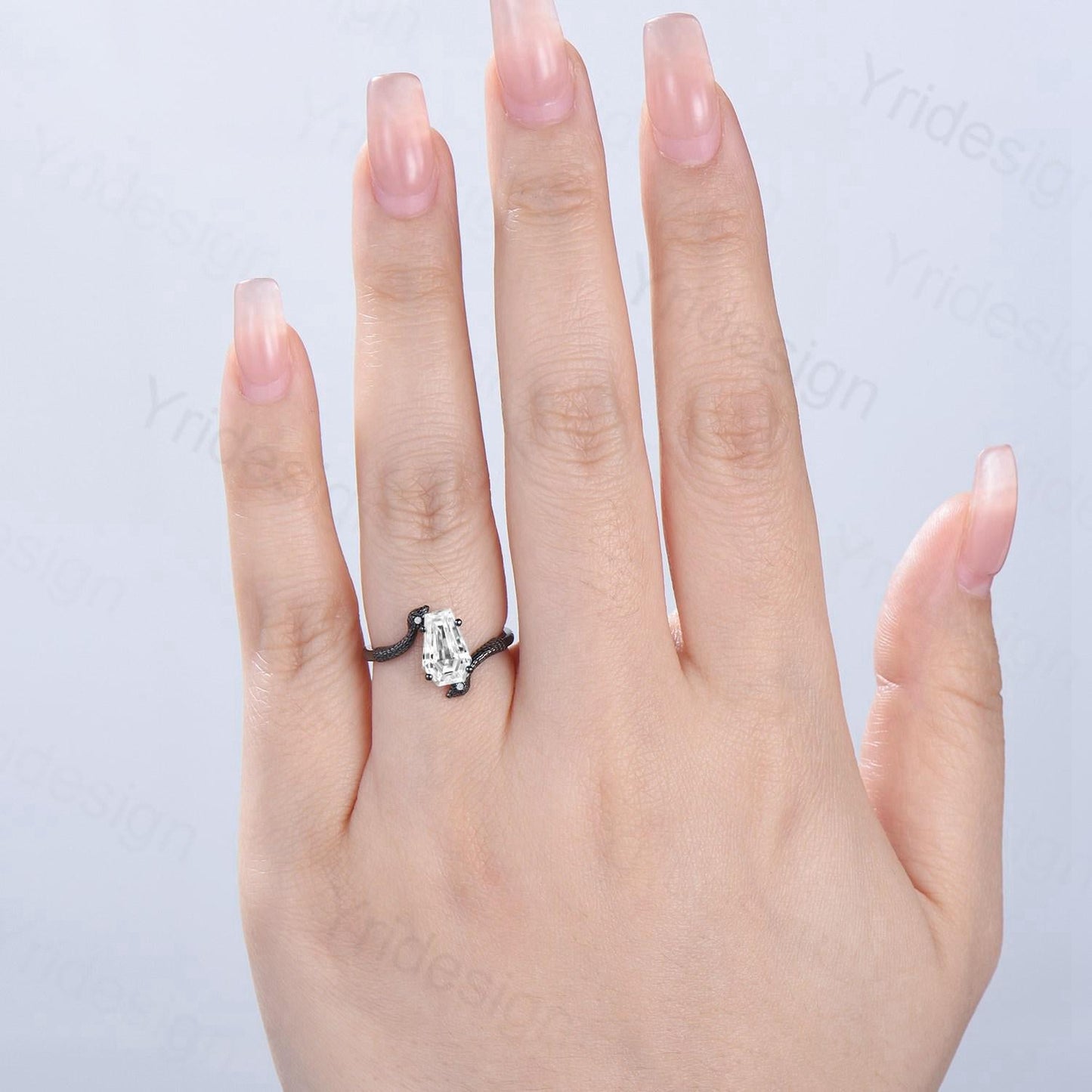Coffin Cut Moissanite Snake Ring Gothic Black Gold Engagement Ring, Three Stone