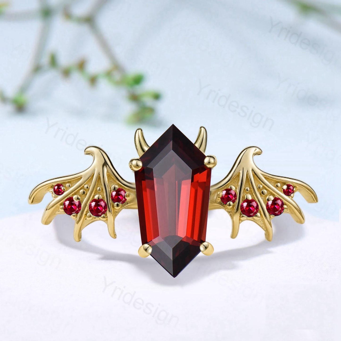 Gothic Bat Wing Garnet Ring, Shield Engagement Ring, Handmade