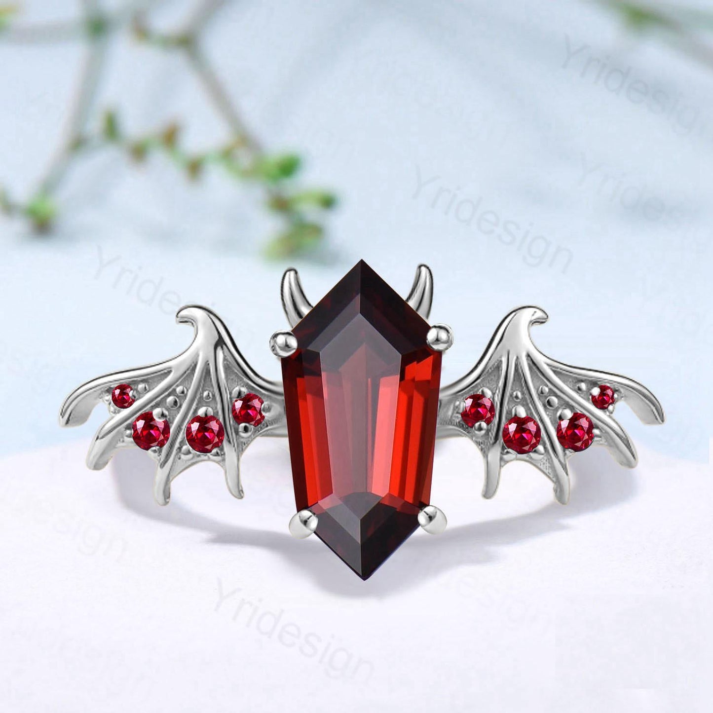 Gothic Bat Wing Garnet Ring, Shield Engagement Ring, Handmade