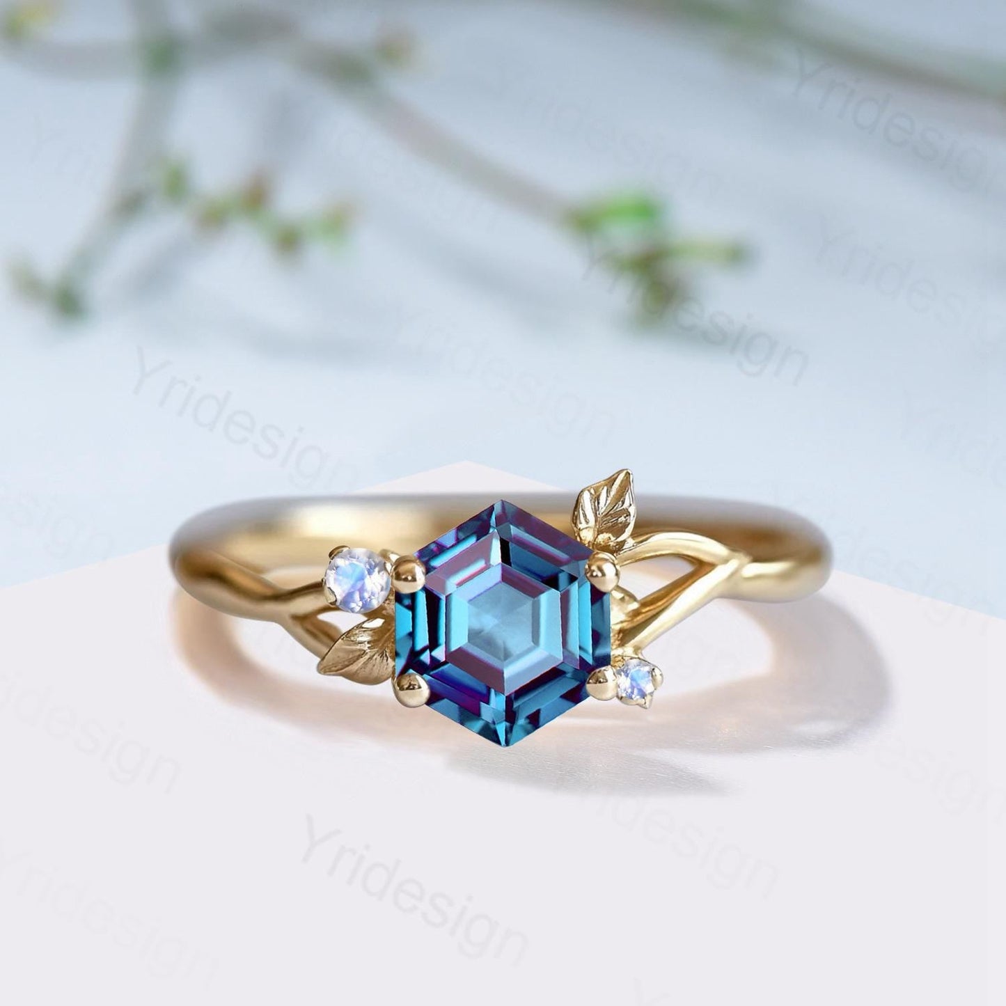 Hexagon Cut Alexandrite Engagement Ring, Nature Inspired Leaf Twig Gold Moonstone Ring