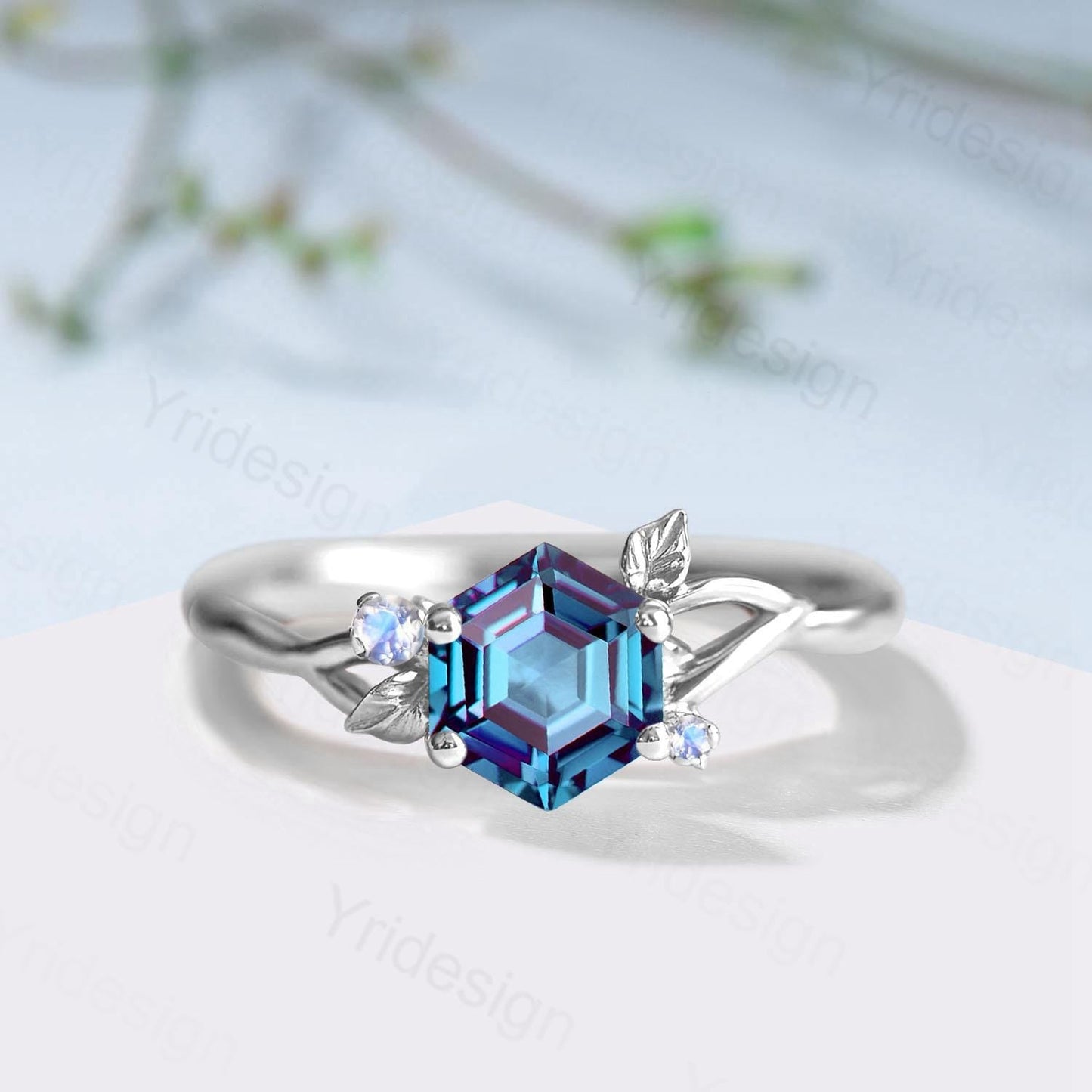 Hexagon Cut Alexandrite Engagement Ring, Nature Inspired Leaf Twig Gold Moonstone Ring